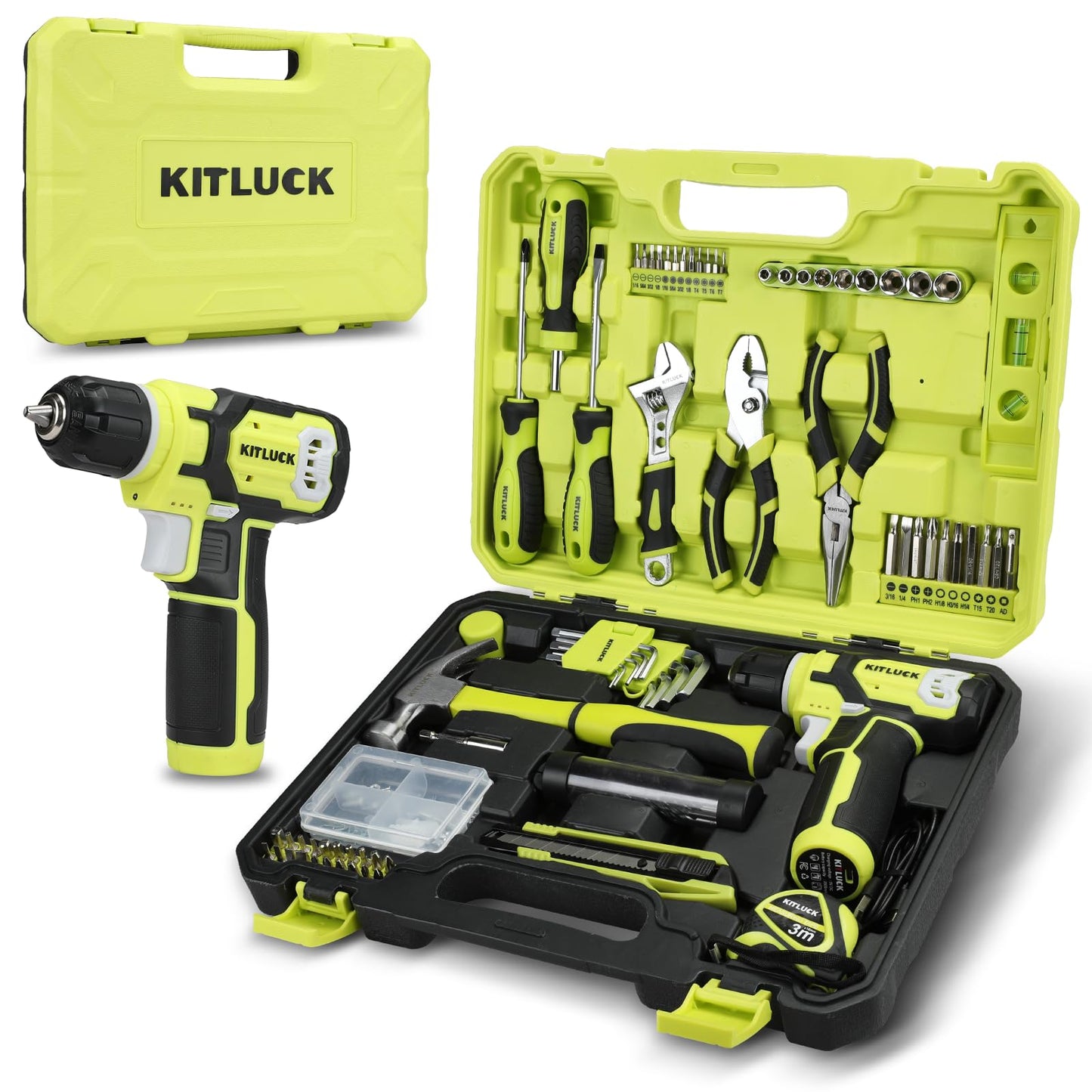 KITLUCK Power Drill Set, 180Pcs Home Hand Tool Kit with 8V Drill, Portable Tool box Kit with Screwdriver, Plier, Wrench, Socket, Harmer, Household Cordless Drill Set for Men Women Home