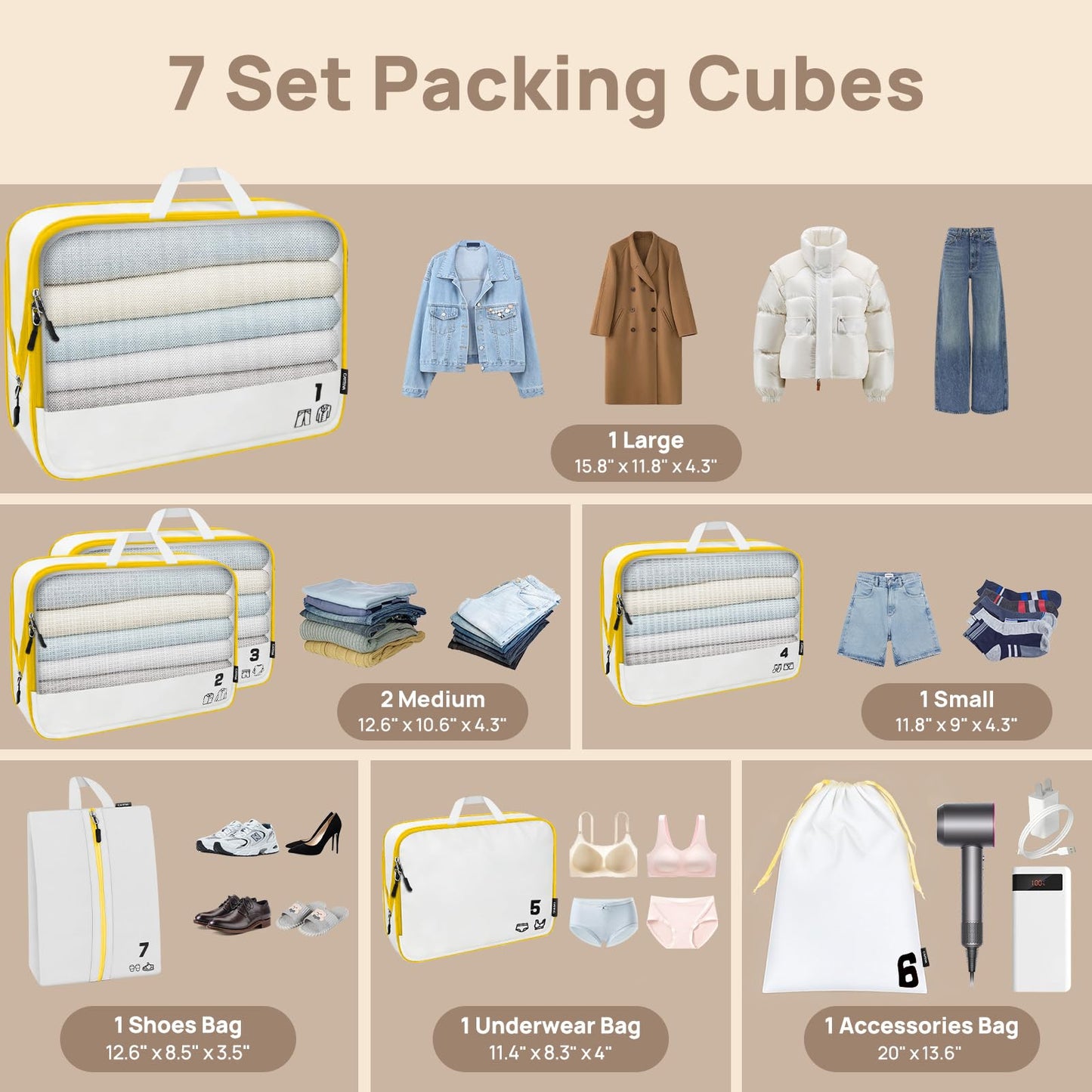 7 Set Compression Packing Cubes Travel Accessories Expandable Packing Organizers (White)
