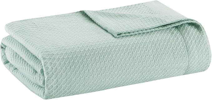 Madison Park Soft Certified 100% Egyptian Cotton Breathable Cozy Blanket, Premium Waffle Knit Classic Design, Luxury All Season Lightweight Cover for Bed, Couch and Sofa, Seafoam Twin(66"x90")