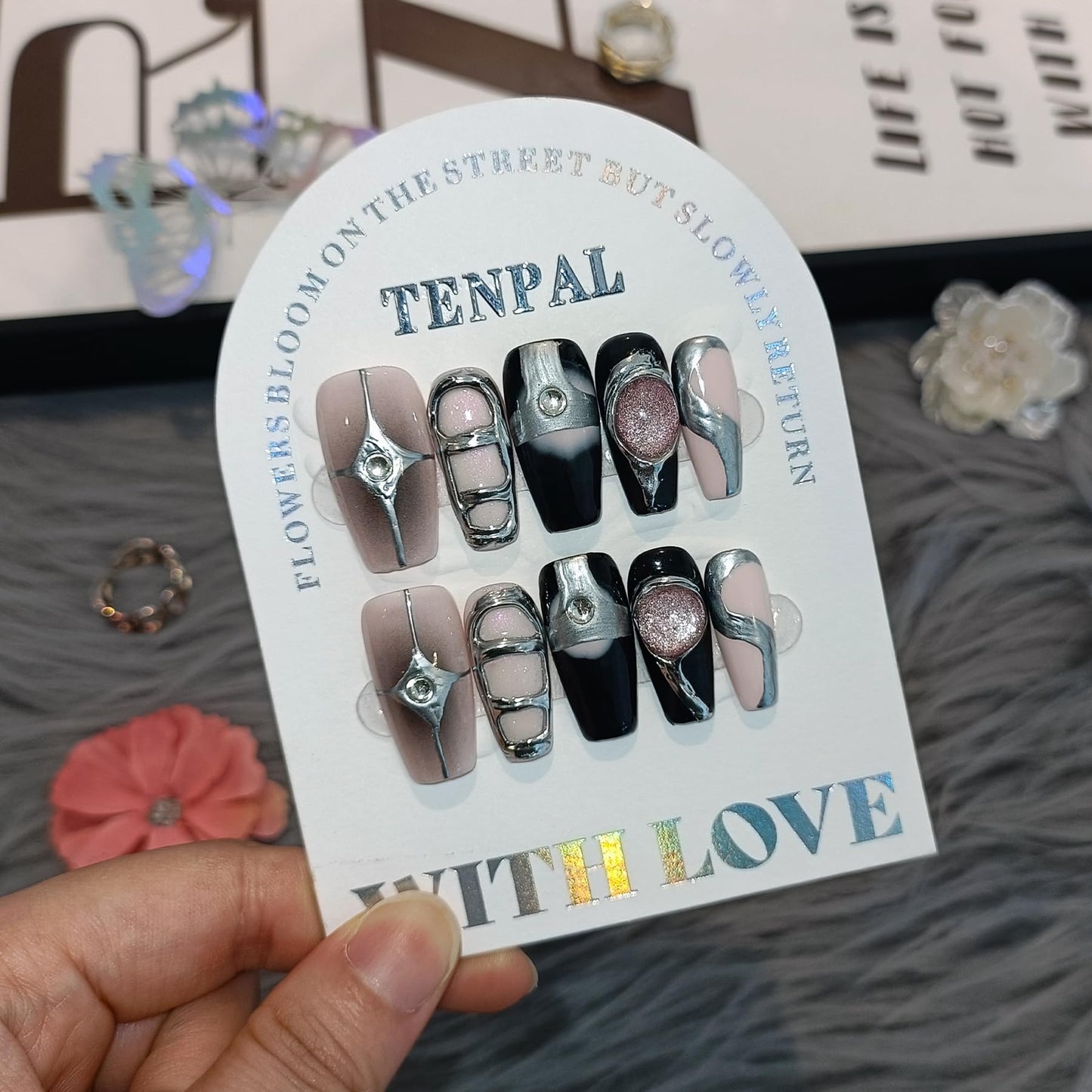 TENPAL Press On Nails Coffin,Sweet Edgy Crystal Cat Eye Nails with Pink/Black Galaxy Design,Hand-Painted Metallic Lines Aurora False Nails, Holographic Y2K Embossed Fake Nails 10pcs with Tools(XS)