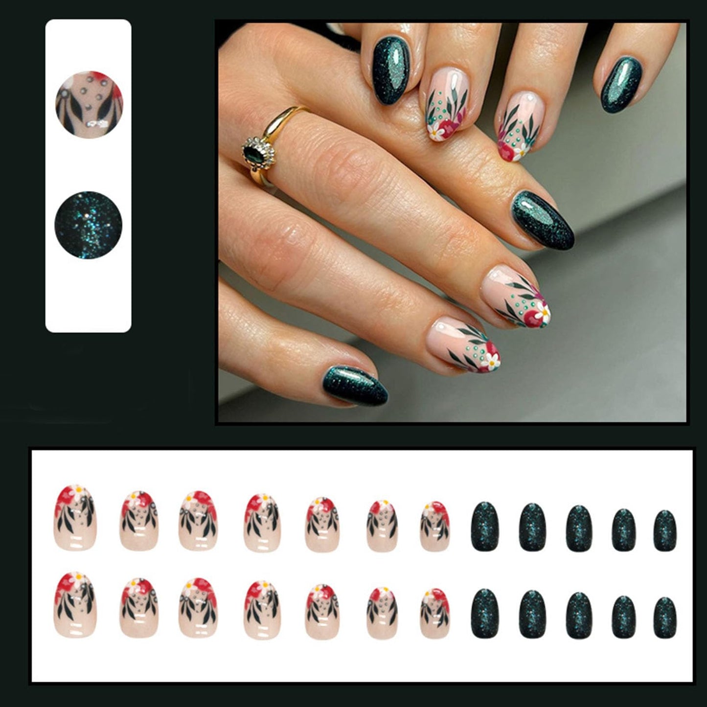 FOLONRAL Short Press on Nails Almond Fake Nails with Floral Patterns Designs Dark Green Glitter Acrylic Nails Nude Full Cover Glue on Nails Glossy Stick on Nails for Women 24 Pcs