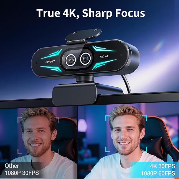 EMEET C60E Dual-Camera 4K Webcam for Streaming, Wide-Angle and Telephoto Cameras, Max 11X Hybrid Zoom & PDAF Autofocus, Remote Control, RGB Lighting, 2 Mics, Ideal for Livestreaming and Online Meeting