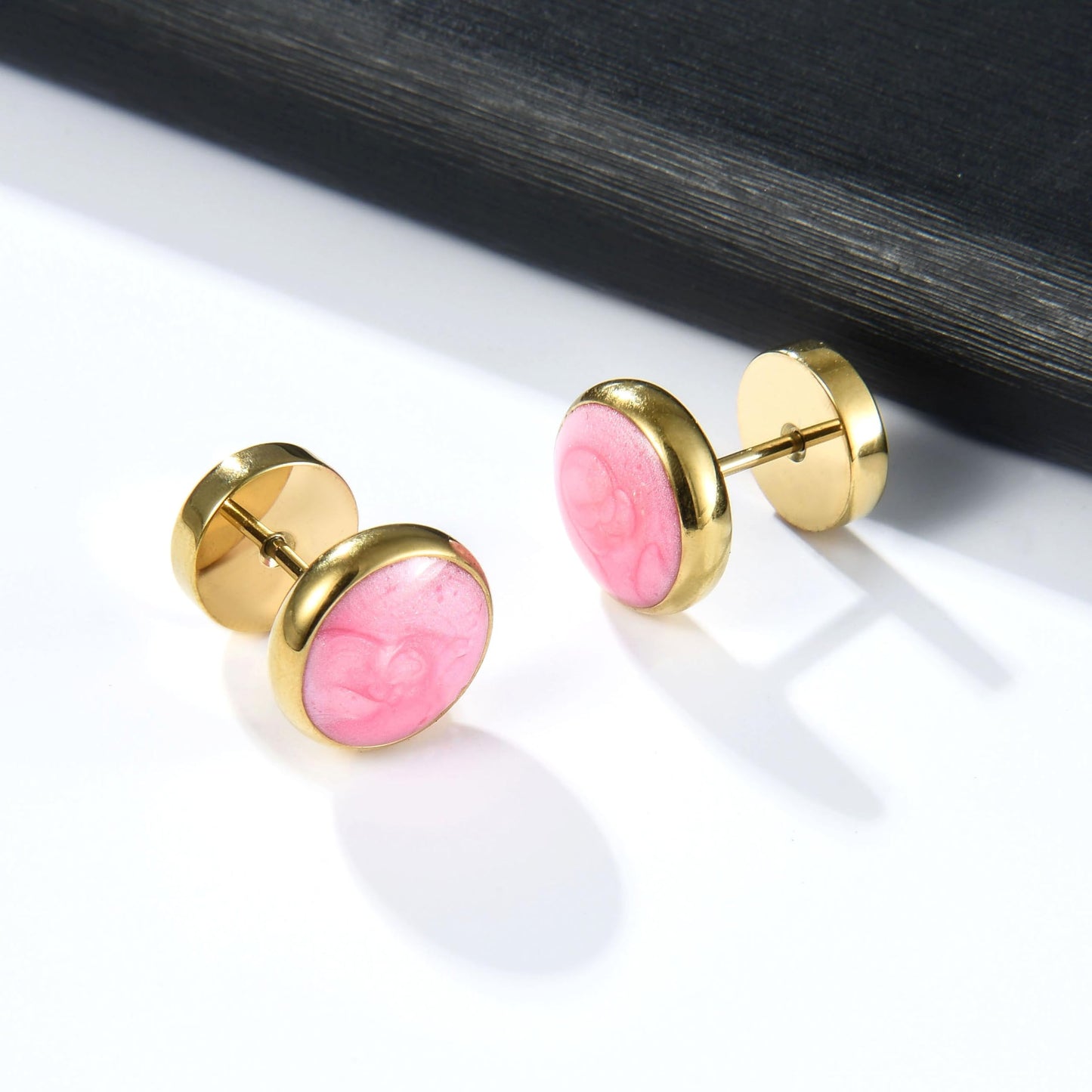 Screw Flat Back Stud Earrings Titanium Pink Surgical Stainless Steel Barbell Earrings for Women Men 18K Gold Plated Hypoallergenic for Ssentive Ears Punk Dot Ear Studs