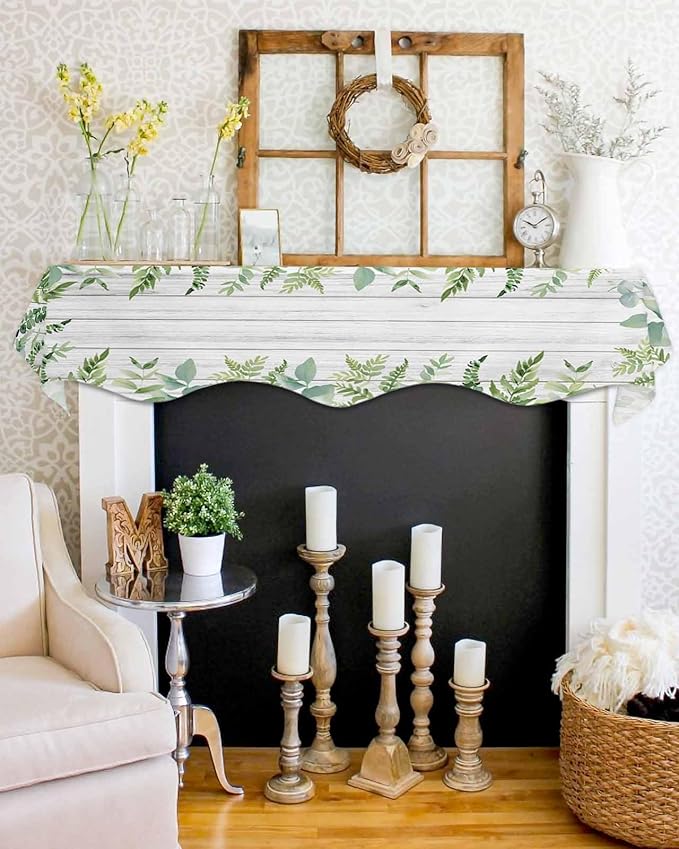 Eucalyptus Leaves Fireplace Mantel Scarf Table Runner, Summer Pastoral Botanical Gray Wooden Winter Garland Mantel Top Tablerunners Dresser Scarves Decorations for Windows Party Living Room 70''x17''