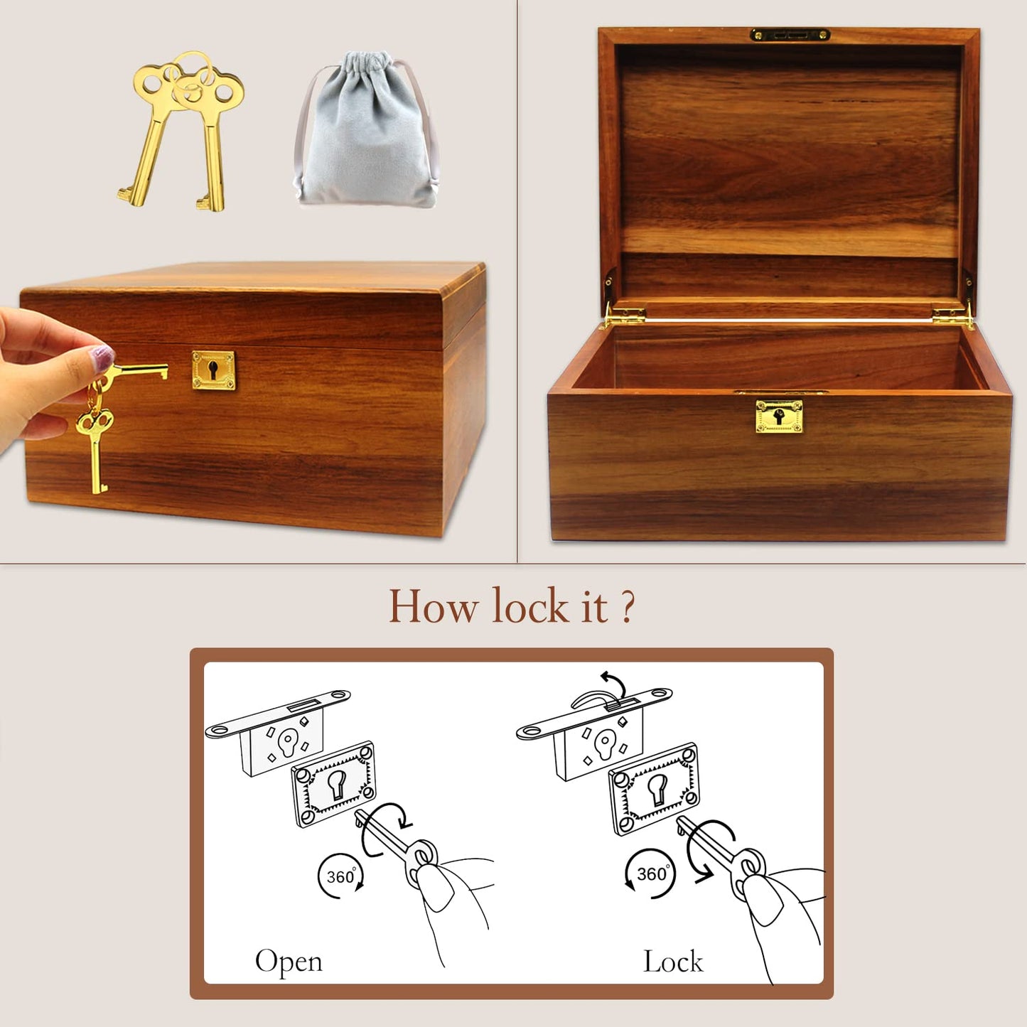 MFLUEEWR Wooden Storage Box with Hinged Lid and Locking Key Large Premium Solid Acacia Keepsake Chest Box -Storage Space to Organize Jewelry, Toys, and Keepsakes in a Beautiful Wooden Decorative Box