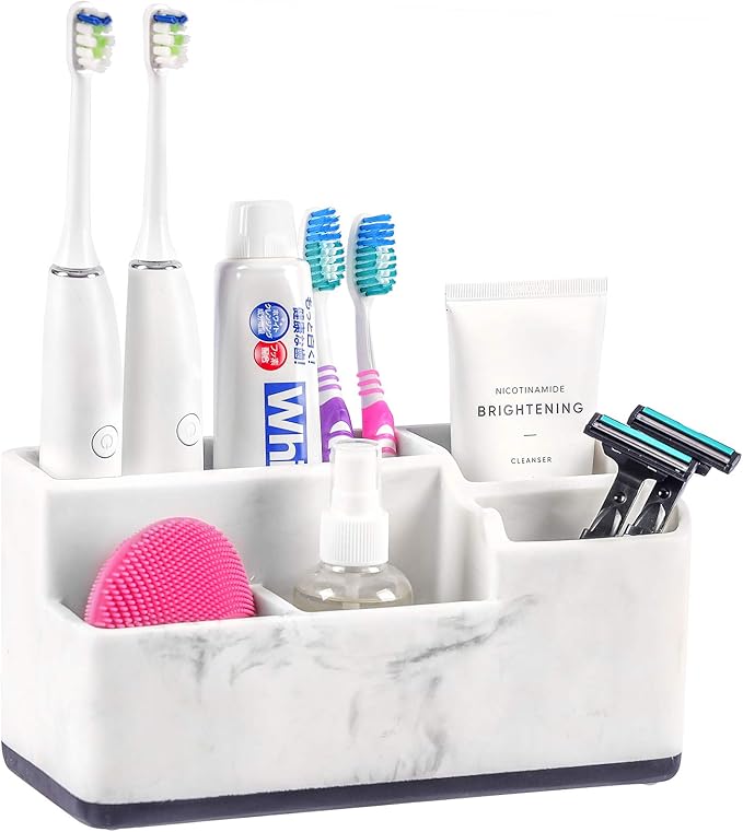 VITVITI Toothbrush Holder for Bathroom, Bathroom Storage Organizer, Small Counter Stand Accessories, for Toothpaste/Vanity Countertop, 5 Compartments Drainage Organization, White Resin of Marble Color