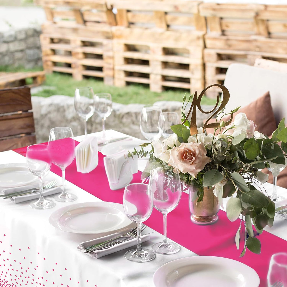 MASHAN 8Pack Disposable Plastic Party Tablecloths & Satin Table Runner Set - White Hot Pink Dot - Wedding, Birthday, Baby Shower - 54 x 108 Inch