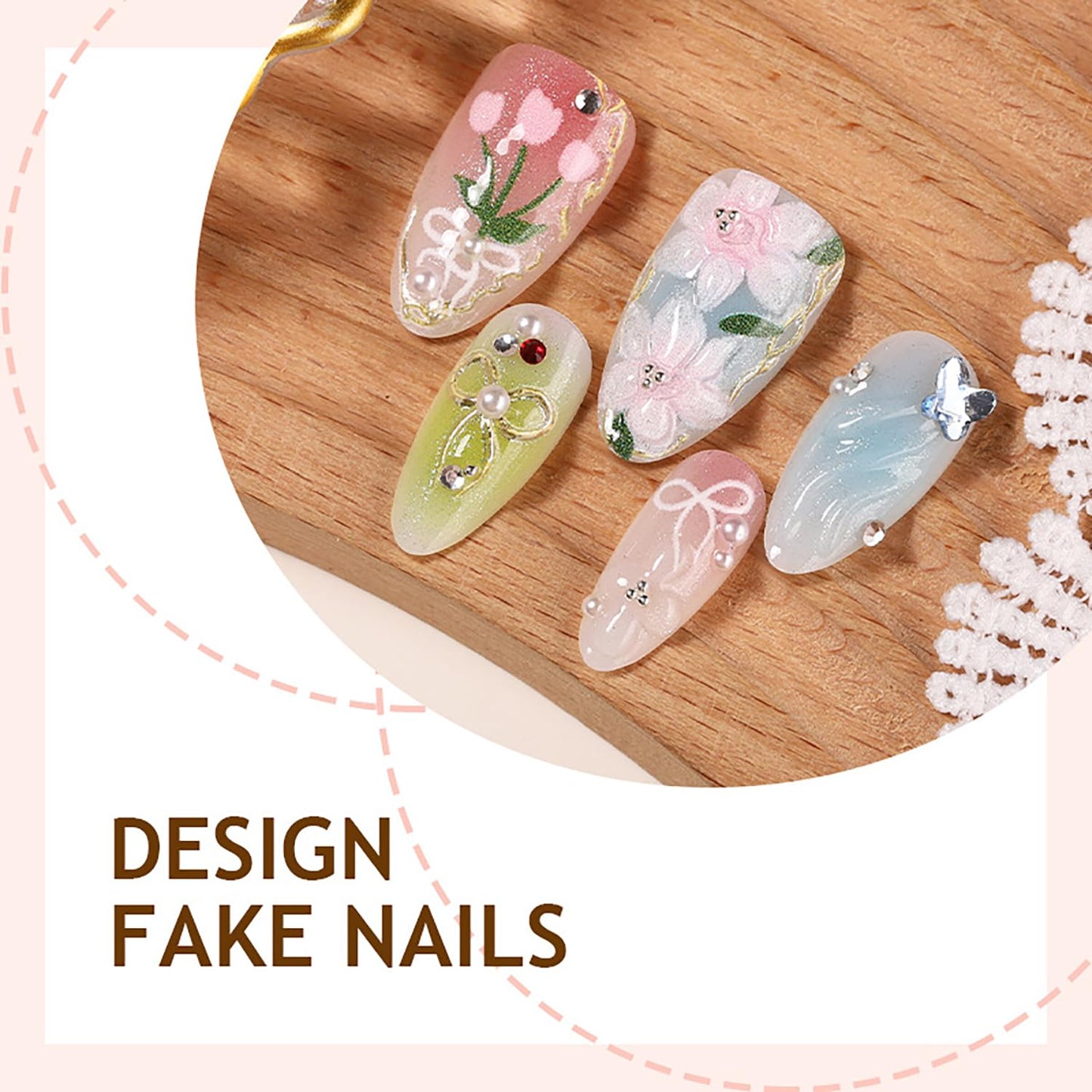 3D Flower Press on Nails Short Almond Fake Nails with Rhinestones Pearls Butterfly Bow Designs Spring False Nail Acrylic Artificial Fingernails Summer Stick on Nail for Women 30Pcs