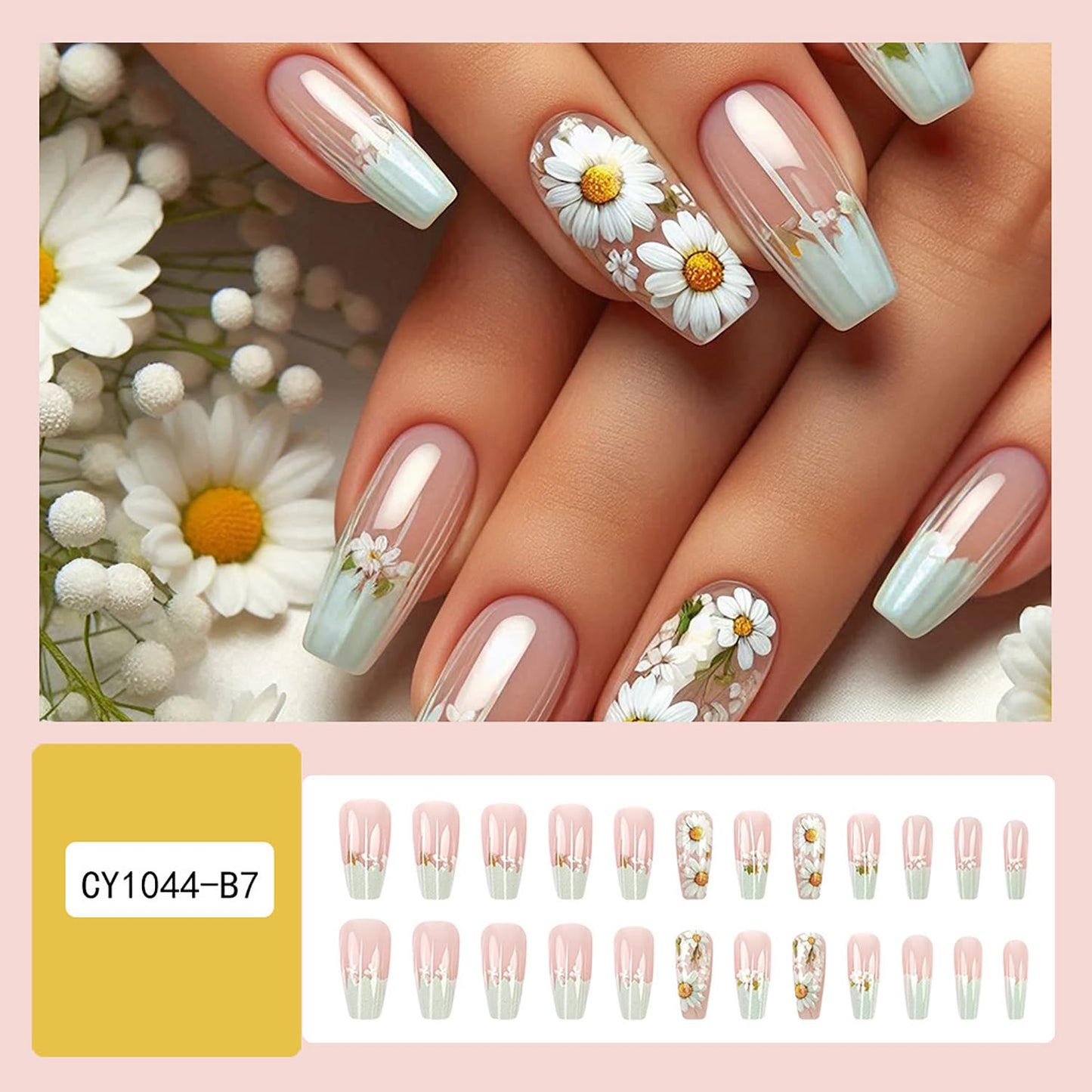 EYZOTSF Press on Nails Medium Square Shaped Acrylic Medium Square Shaped False Nails with Designs Artificial Short Coffin Fake Nails with Charms Glue ons Fingernails for Women Girls(CY1044)