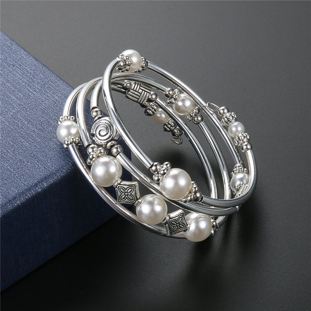 Beaded Pearl Bangle Wrap Bracelet - Fashion Bohemian Jewelry Multilayer Charm Bracelet with Thick Silver Metal Beads, Gift For Women(White)