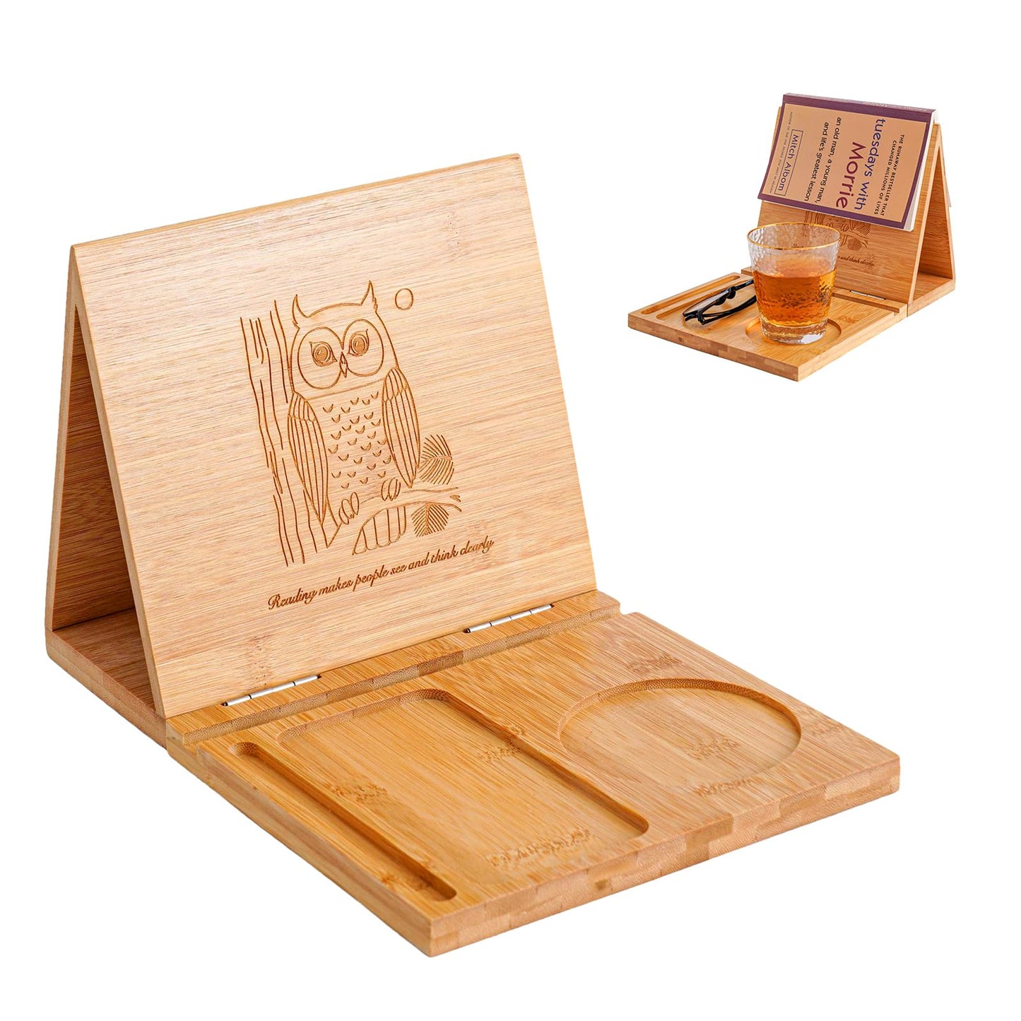 Denchware Foldable Book Rest,Triangle Book Holder,Bamboo Book Nook Reading Valet,Book Stand with Glasses,Pen,Cup and Phone Holder,Gifts for Book Lovers
