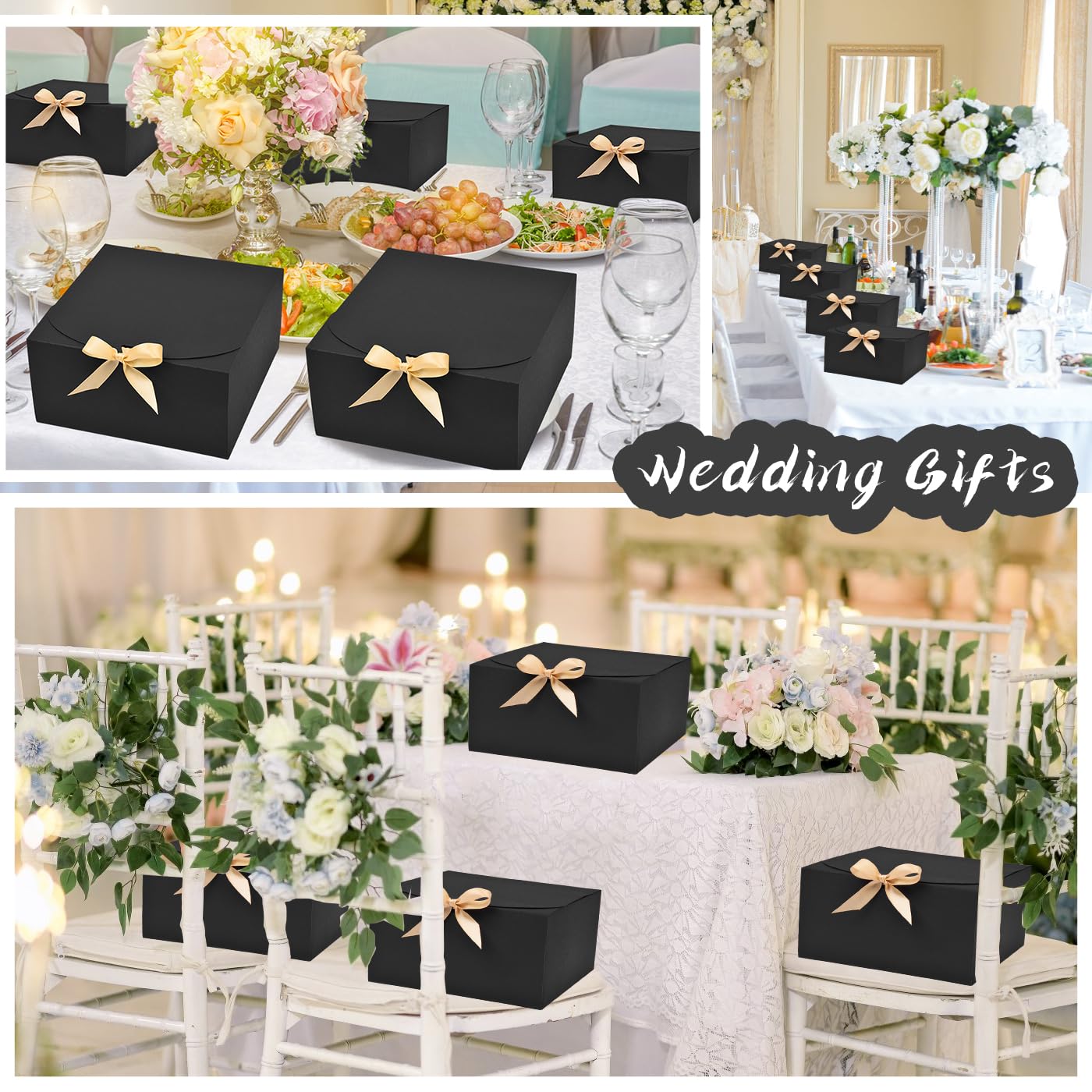 WLUSEAXI 12pack Gift Boxes with Lids,Black Gift Boxes Bulk with Gold Bow Ribbon,Bridesmaid Proposal Box for Presents Kraft Paper Boxes for Wedding,Christmas,Halloween,Baby Shower
