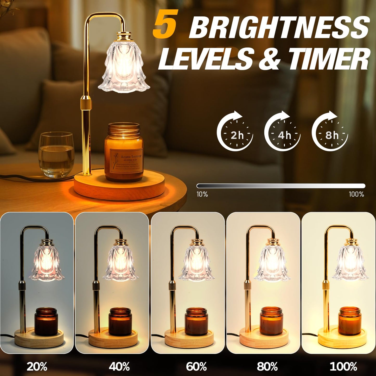 Candle Warmer Lamp with Timer and Dimmer, Electric Wax Warmers for Scented Candles with 5 Brightness Settings, Anti-Glare Lamp with Adjustable Height, Home Decor, Gift for Valentines, Birthday