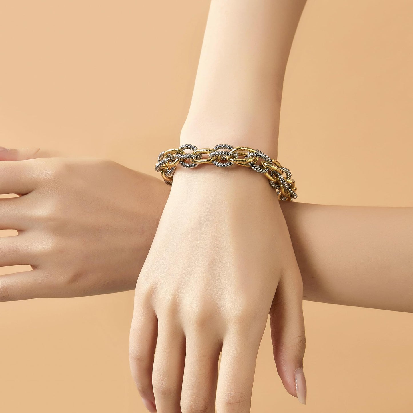 Mytys Link Bracelet for Women 2 tone Circles Chain Silver and Gold Wire Cable Bangle Designer Inspired Bracelets (Gold & Silver 6)