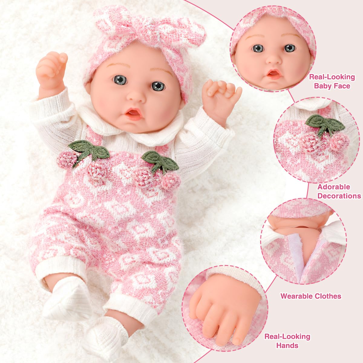 ZNTWEI 12'' Baby Doll Playset in Gift Box with Pink Cherry Pattern Clothes Accessories,Pacifier,Feeding Bottle.First Baby Dolls for Toddlers 3+ and Up