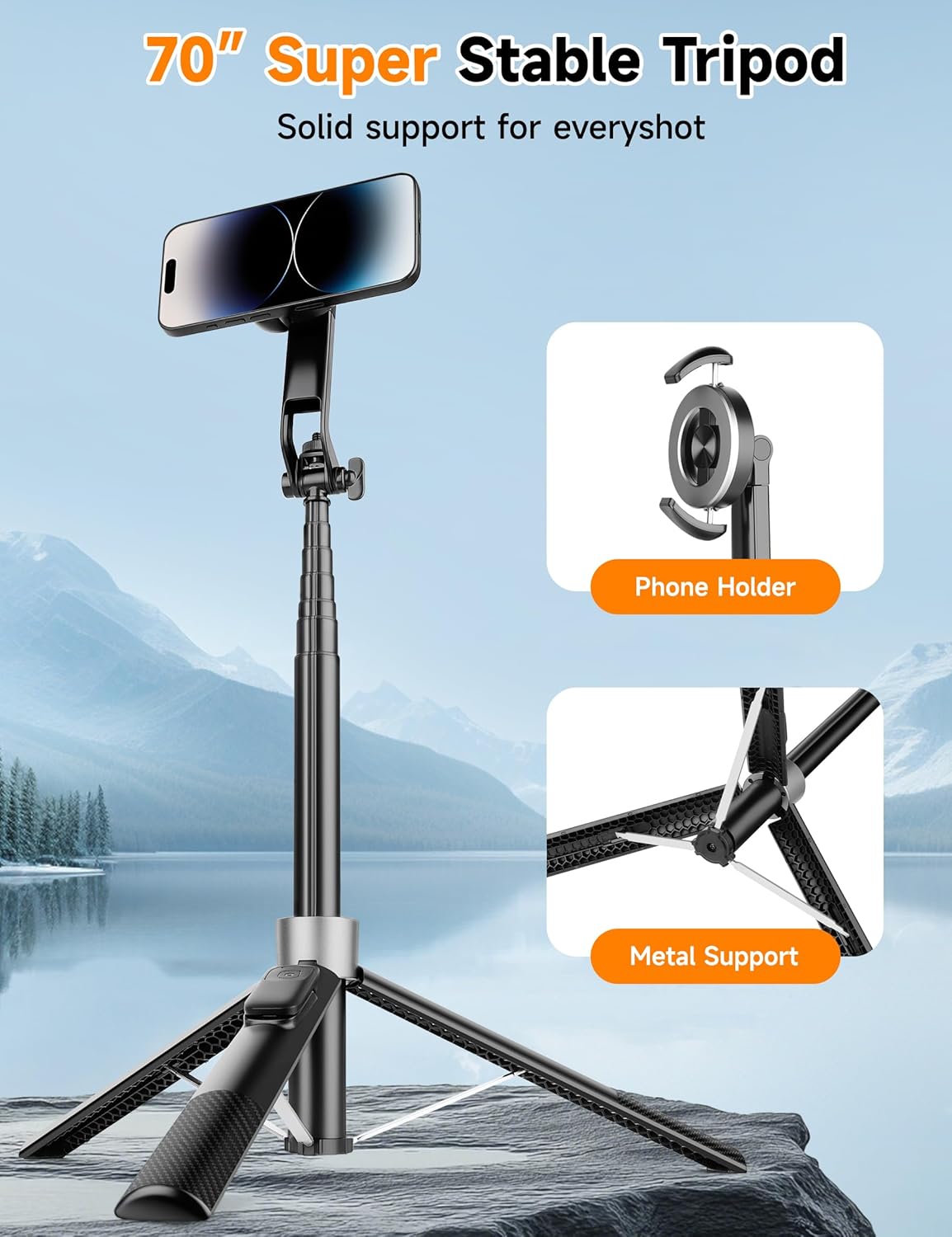 Magnetic Phone Tripod, 70" Selfie Stick Tripod for iPhone Magsafe with Rechargeable Remote & 2 in 1 Magnetic Holder, Portable Cellphone Stand for Recording Travel, Compatible with iPhone and Android
