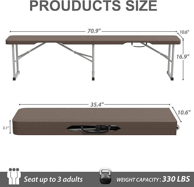 6ft Plastic Folding Bench with Carrying Handle & Lock, Portable Outdoor Bench in Garden Picnic Camping Dining Party Seat, Waterproof Bench for Soccer Activities, Ratten Patterned(2 Pack)