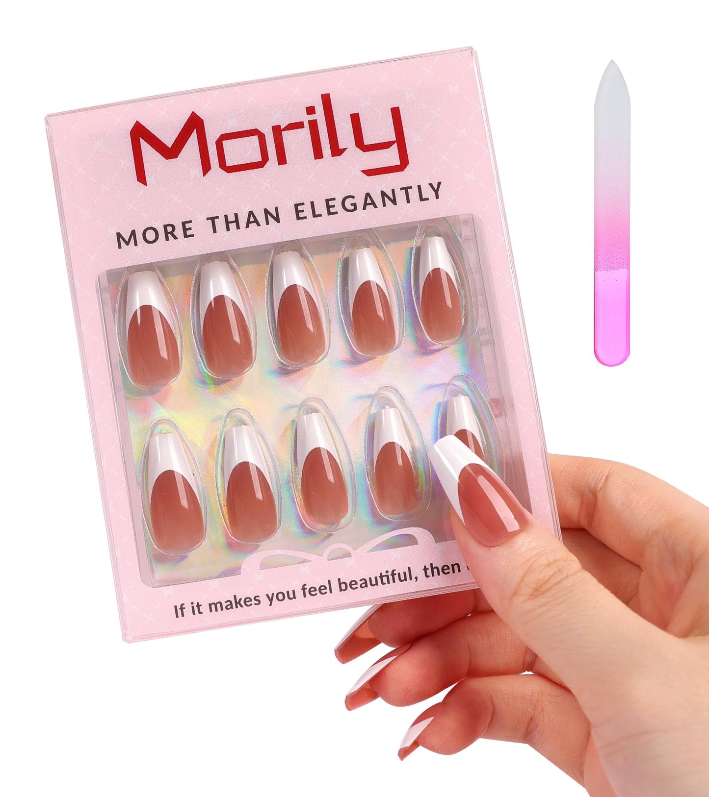 Morily Pink White French Tip Press on Nails - 30Pcs Thicker Fake Nails with Design, Full Cover Long Coffin False Nails Reusable Acrylic Stick on Nails in 15 Sizes, Include Glass File