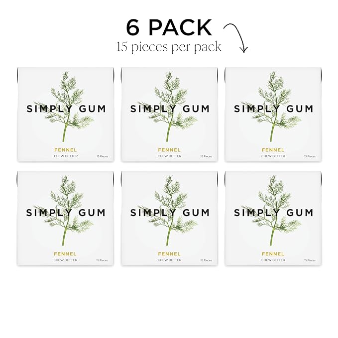 SIMPLY Gum Fennel, Plastic-Free Natural Chewing Gum, 6 Pack (90 Pieces) | Vegan, Kosher, Non GMO, Aspartame Free and Sorbitol Free