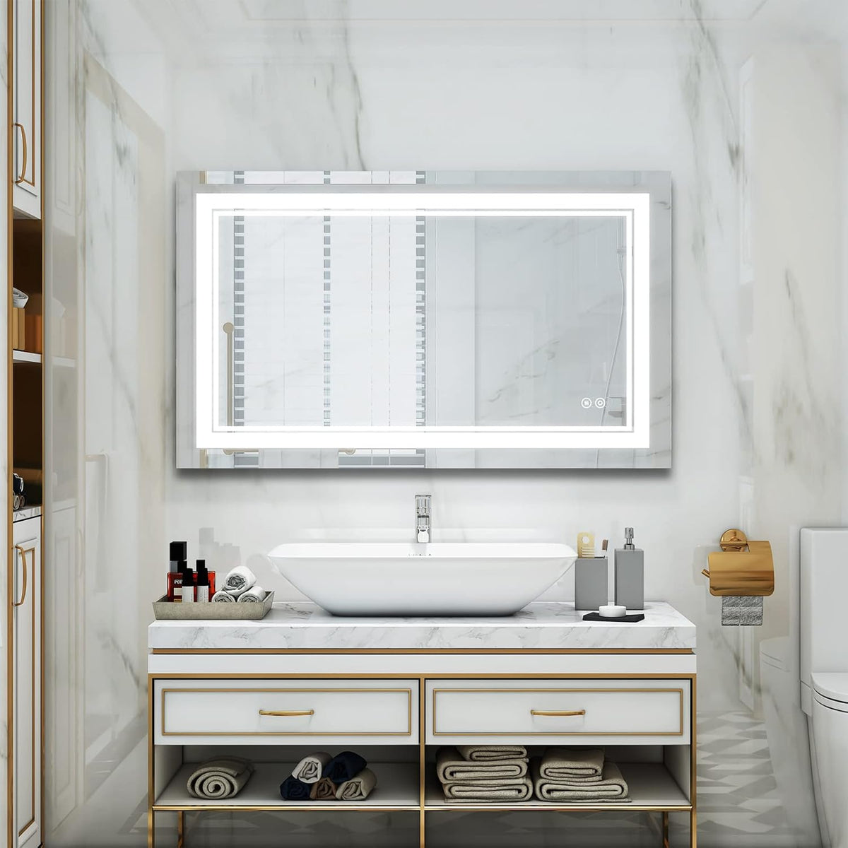 WELLFOR LED Bathroom Vanity Mirror 40 x 24 Inch, Lighted Anti-Fog Dimmable Mirror, IP44 Waterproof Wall Mounted Makeup Mirror, Packed with US Standard Plug and Touch Switch, (Horizontal/Vertical)