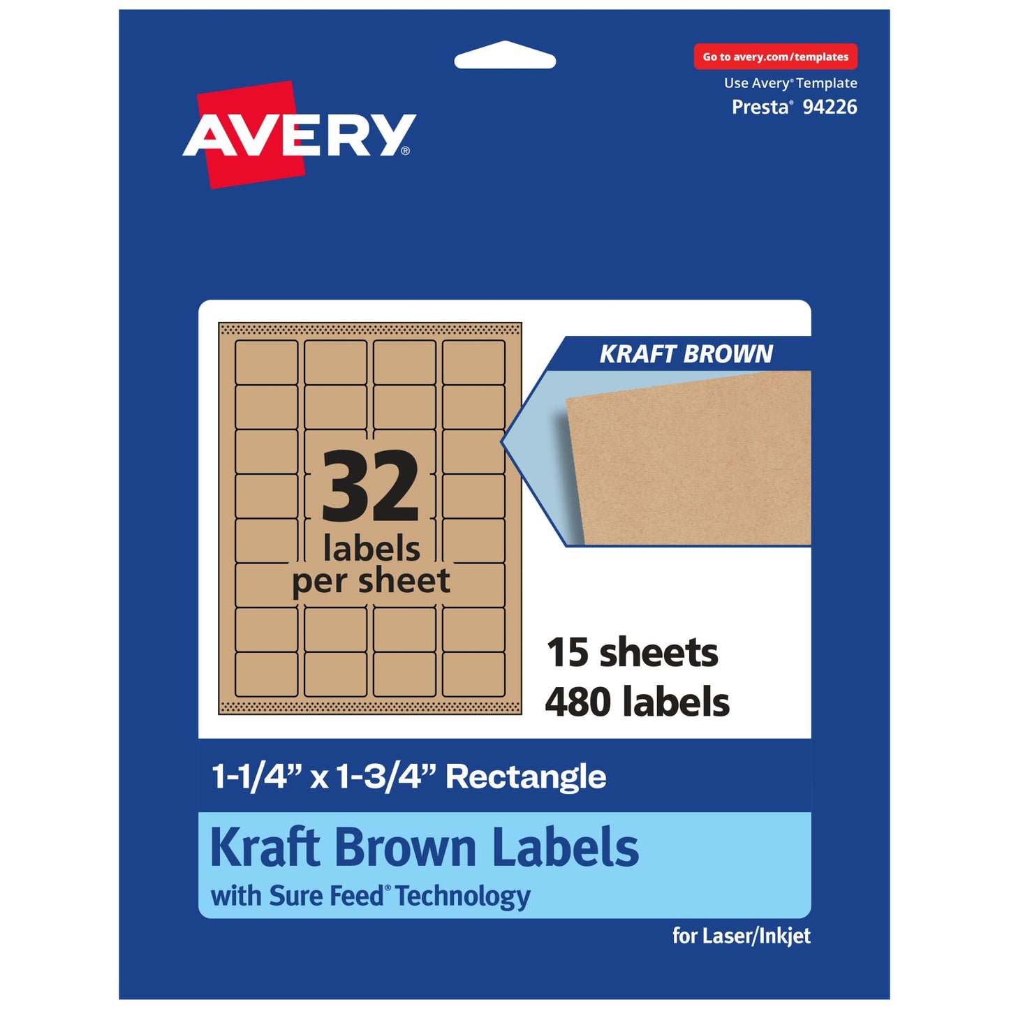 Avery Kraft Brown Rectangle Labels, Sure Feed Technology, 1.25" x 1.75", 480 Kraft Brown Labels, Laser/Inkjet Printable