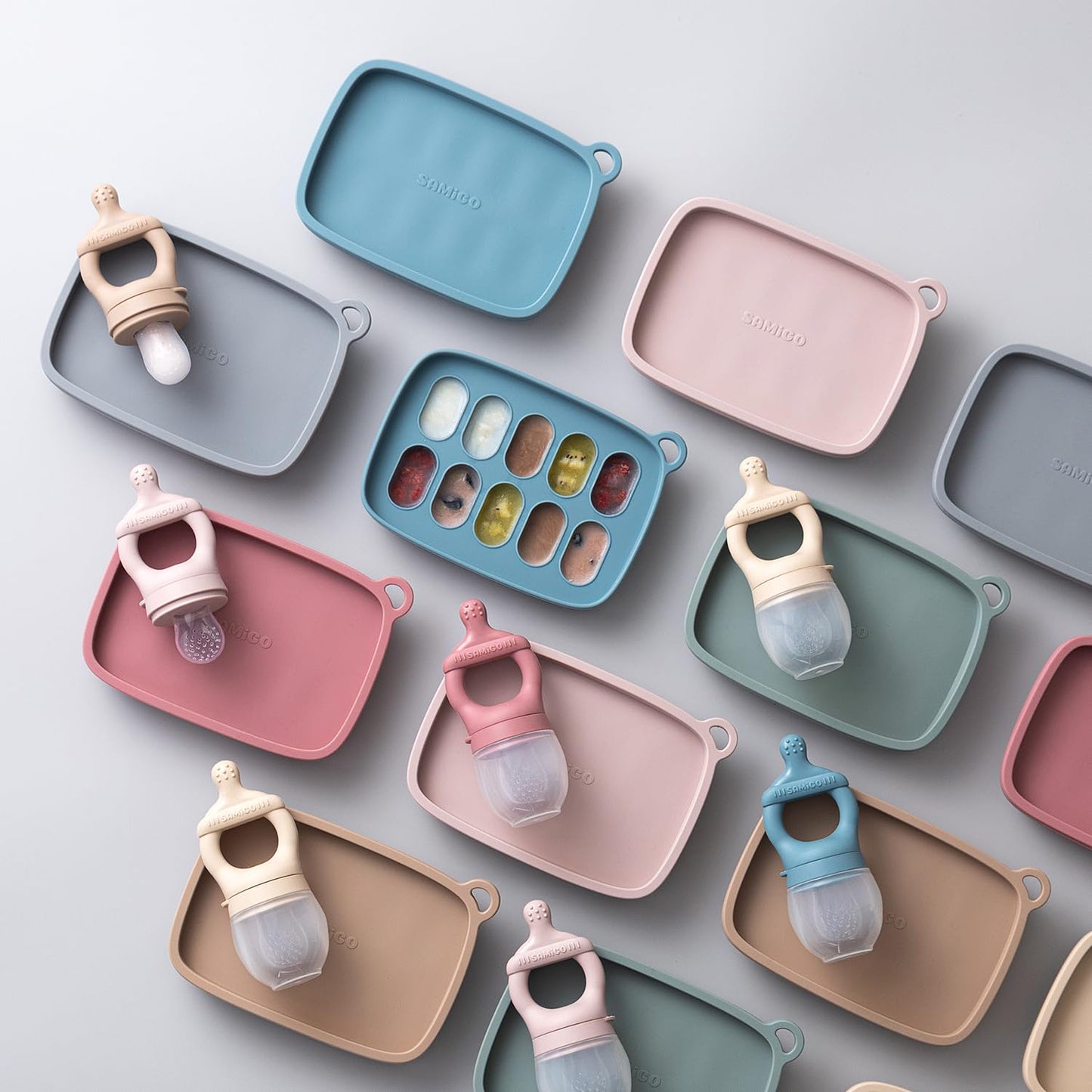 SAMiGO Baby Food Fruit Feeder and Breastmilk Popsicle Mold Set, Silicone Fruit Teether, Food Feeder Pacifier for Teething Relief, Freezer Tray, Baby Feeding Essentials, 4 Months+