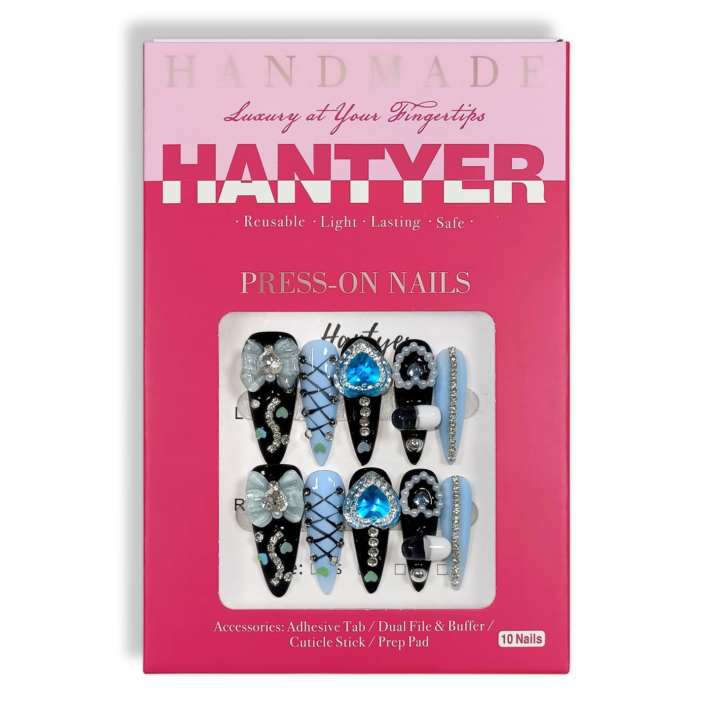Hantyer Gothic Blue Press on Nails with Tools Kit, 10pcs Long Stiletto Matte Black & Blue Nails, Blue Rhinestones, Bows & 3D Hand-Painted Art, Reusable & Easy Apply for Night Events (Size S)