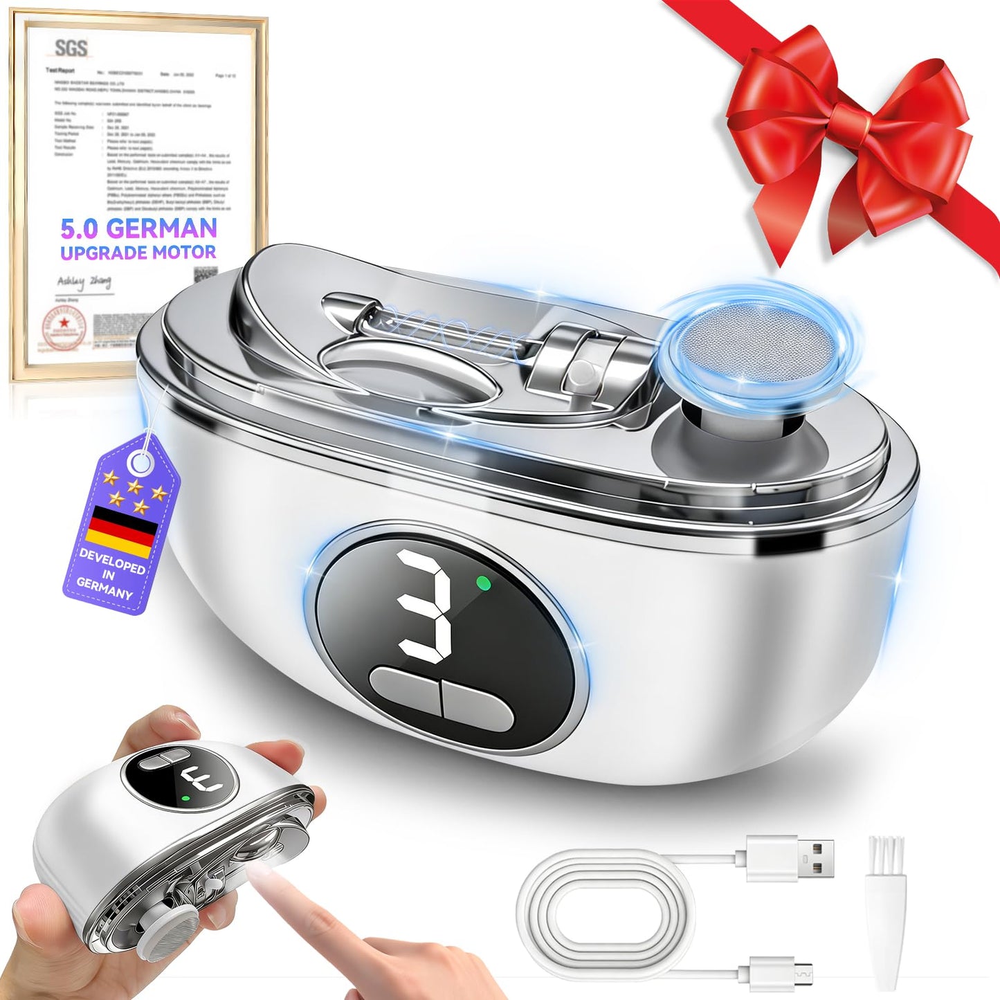 2026 Upgraded 3-in-1 Electric Automatic Nail Clipper【5.0 German Power Motor】【3 Smart Modes & Double-Blade】【Safe Nail Trimmer Polishing】 with LED Light & Dust Storage, Quiet & Gentle for Senior