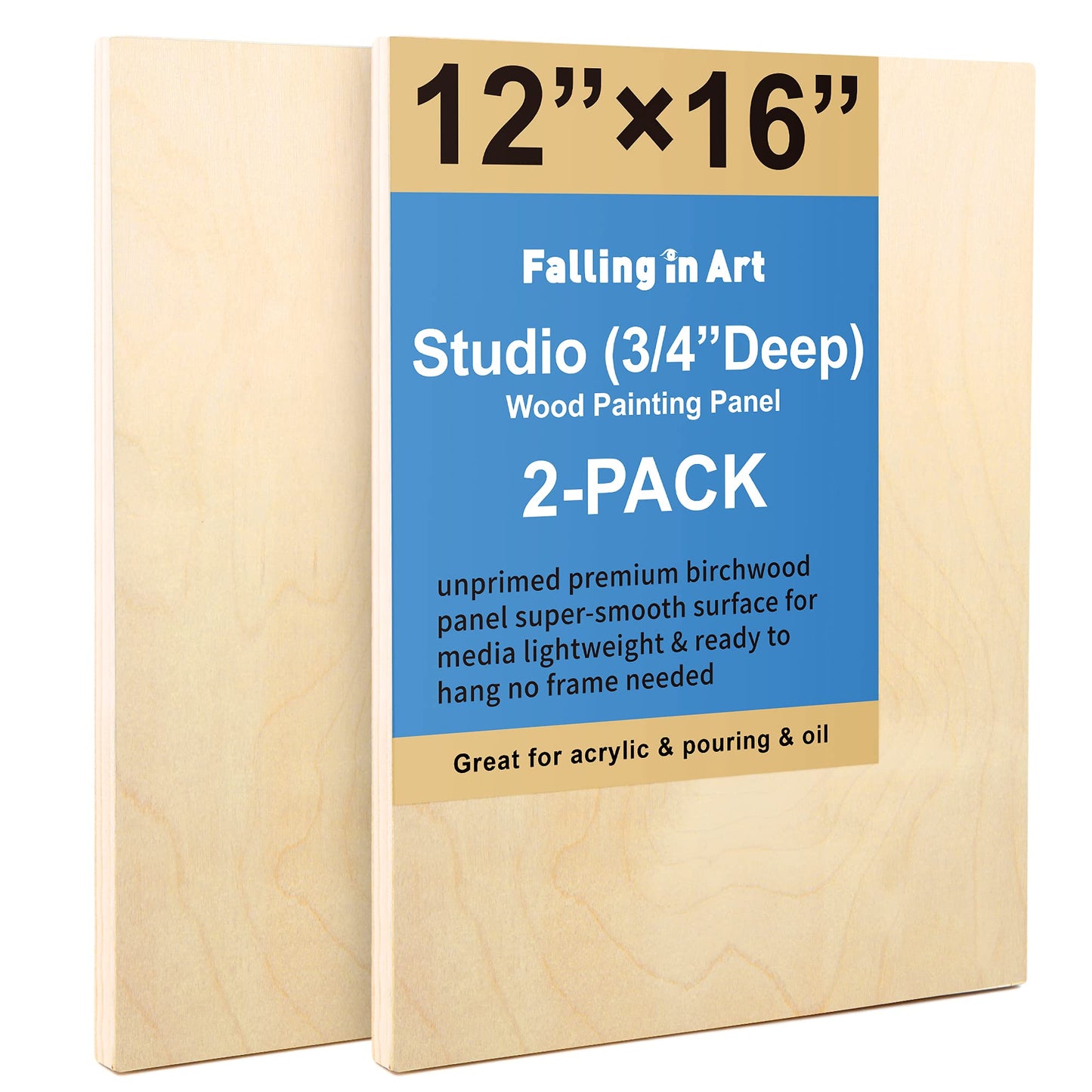 Falling in Art Unfinished Birch Wood Panels Kit, 2 Pack of 12x16’’ Studio 3/4’’ Deep Cradle Boards for Pouring Art, Crafts, Painting, and More