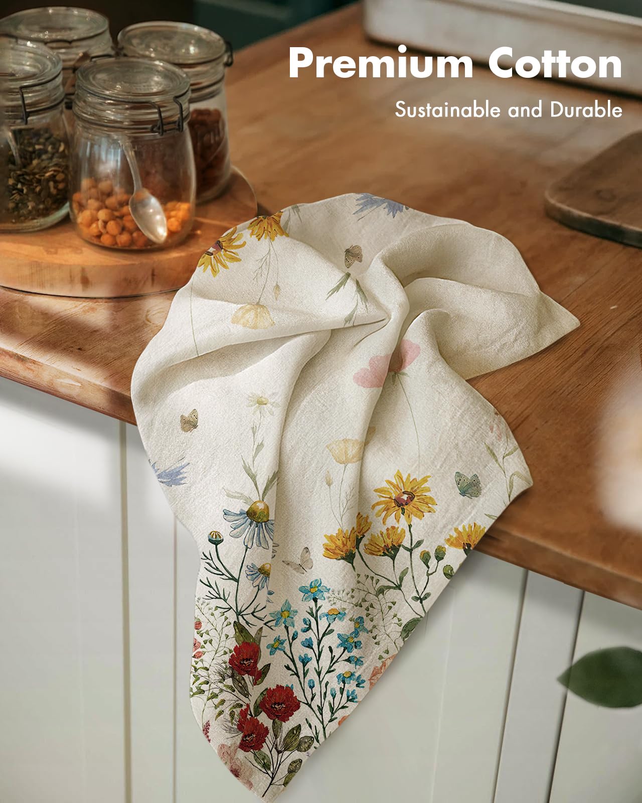 Miss Adola Flour Sack Kitchen Towels - Set of 2 Cotton Dish Towels with Hanging Loop Decorative 18x26 Inch Absorbent Cute Design for Housewarming Gifts, Retro Floral