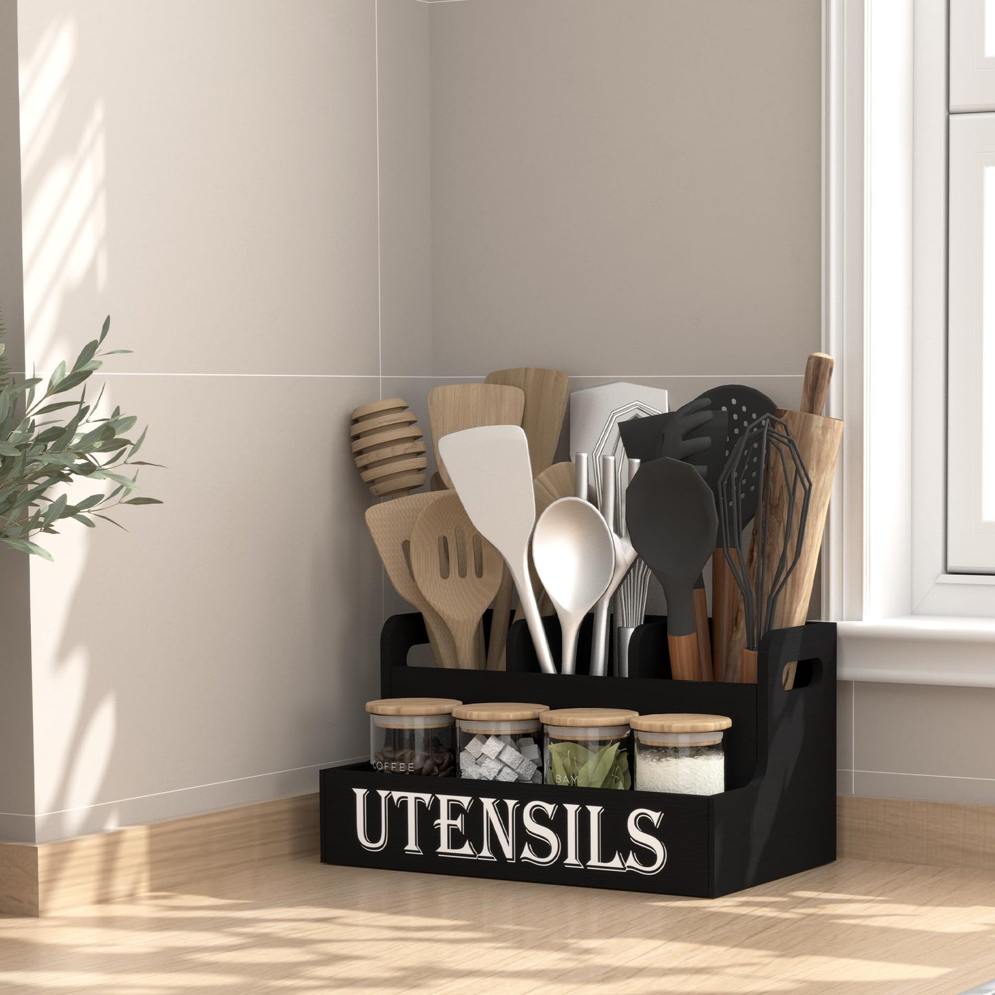 Suli Kitchen Utensils Holder, Wooden Utensil Organizer for Kitchen Countertop, Farmhouse Utensil Storage, Rustic Cooking Utensils ,4 Compartments,- Black
