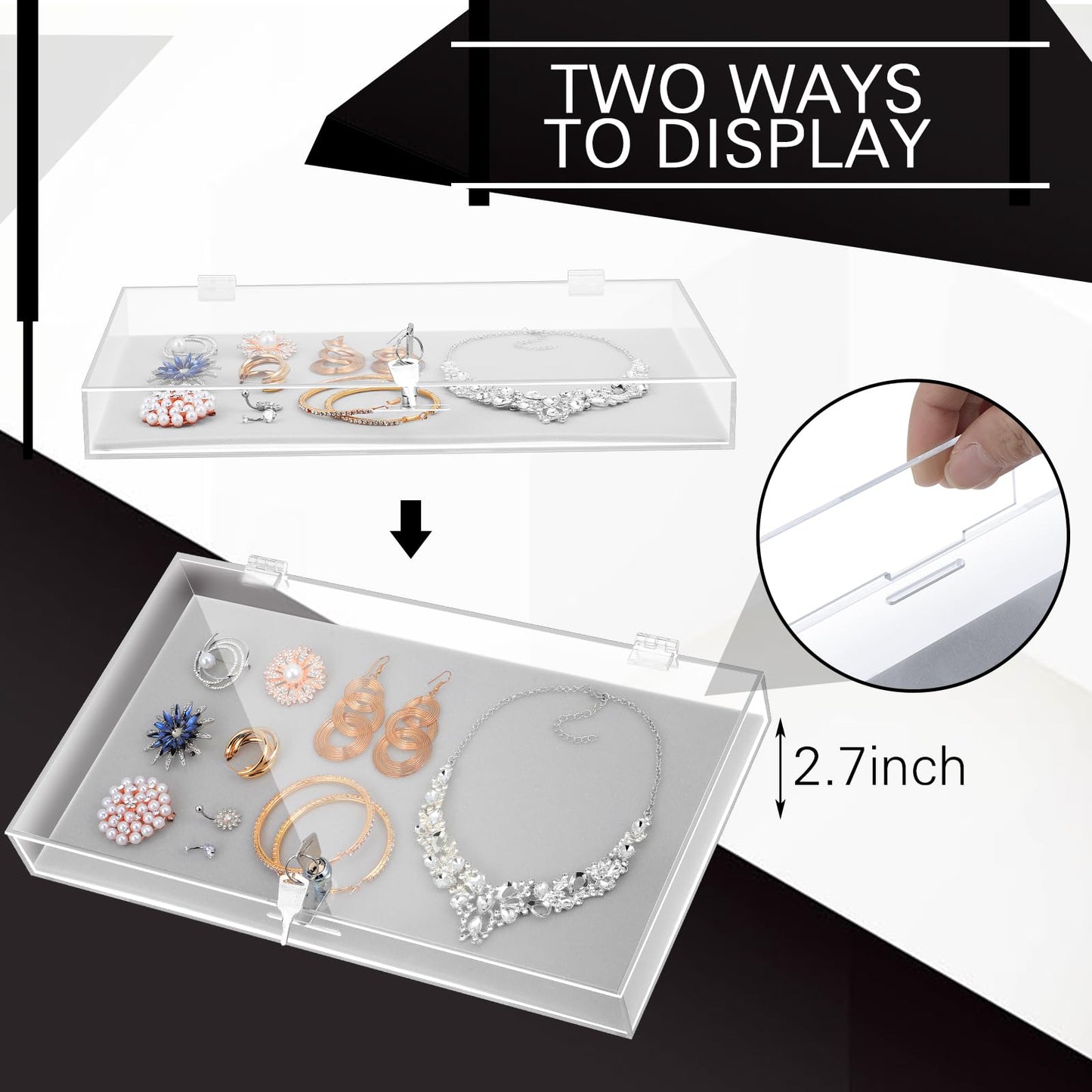 Huquary 2 Pcs Acrylic Locking Jewelry Display Case Clear Ring Earring Necklace Bracelet Security Showcase with Lock and Key for Trade Show Retail Display (Gray)