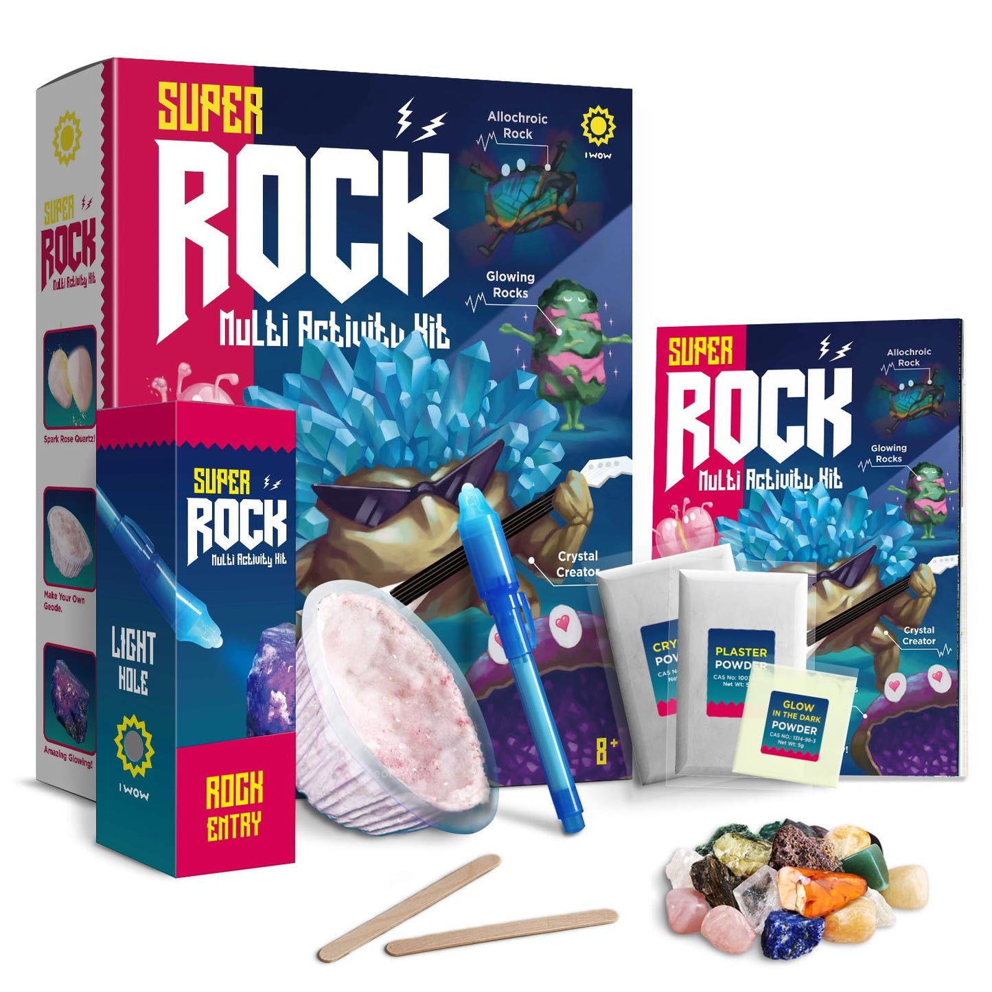 EDUMAN Super Rock Multi Activity Kit - 24 Genuine Rock Specimens, Geode Making & Crystal Growing STEM Science Toy for Kids Ages 8+ - Includes UV Light, Magnifying Glass & Darkroom Observation Box