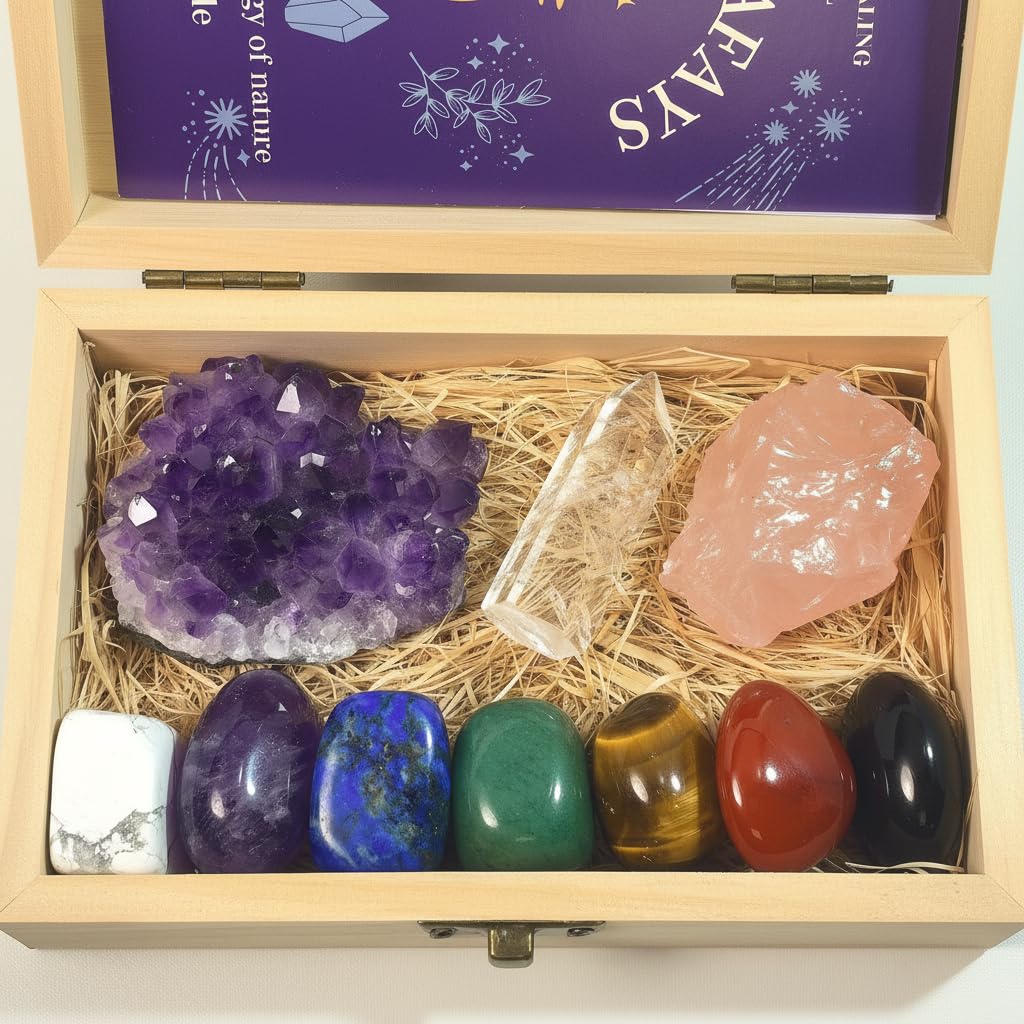 Atminafays Large Premium Crystals and Healing Stones in Wooden Gift Box + Velvet Pouch + 7 Chakra Tumbled Gemstones+Info Guide, Amethyst Cluster，Rose Quartz ，Quartz Crystal Point