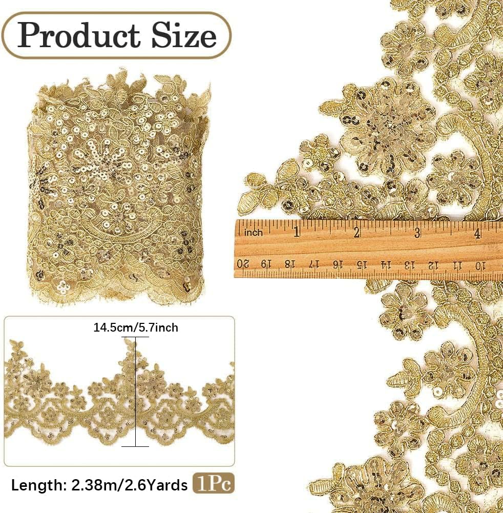 GORGECRAFT 5.7 Inch Width Gold Metallic Venice Lace Trim 2.6 Yards Sequin Flower Embroidery Lace Ribbon Applique Sewing Floral Crown Edge Trimming for DIY Crafts Clothes Wedding Home Decor