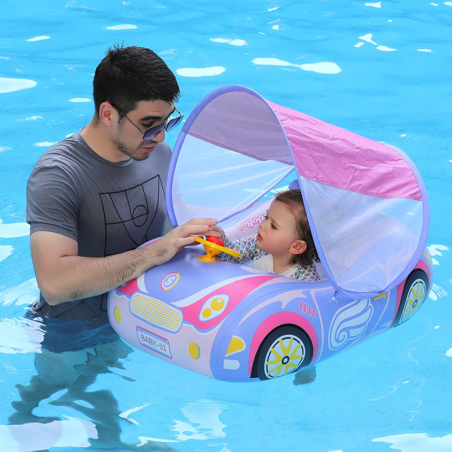 Swimbobo Toddler Pool Float Inflatable Car Baby Swim Float with Adjustable Sun Canopy and Safety Seat Pool Toys for Kids 3+ Years Old(Purple Pink Car)