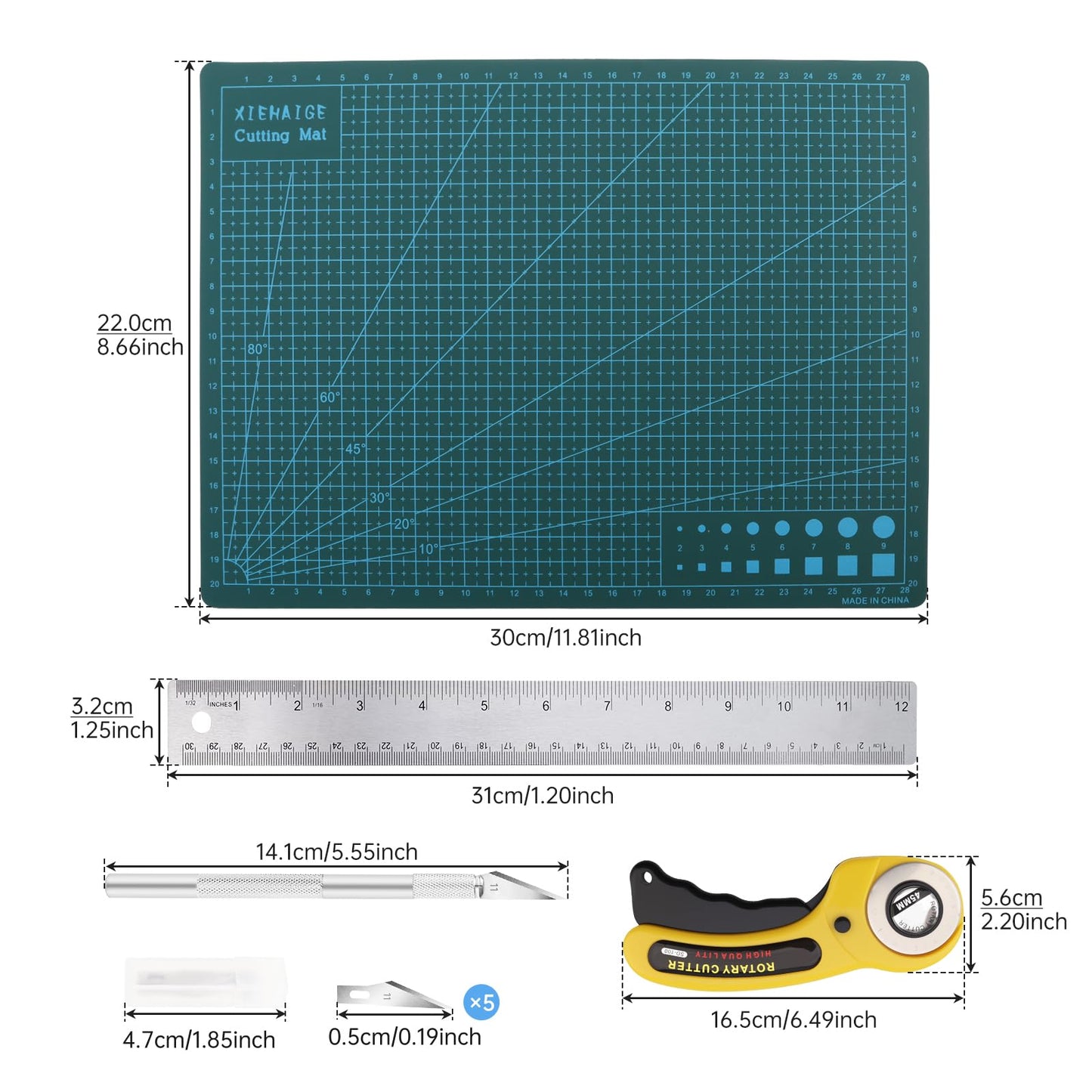 Smgda Rotary Cutter Set, 45mm Fabric Cutter, A4 Cutting Mat 11.8x8.6inch, Dual Scale Quilting Ruler and Craft Knife Set, Ideal for Crafting, Sewing, Scrapbooking, Patchworking