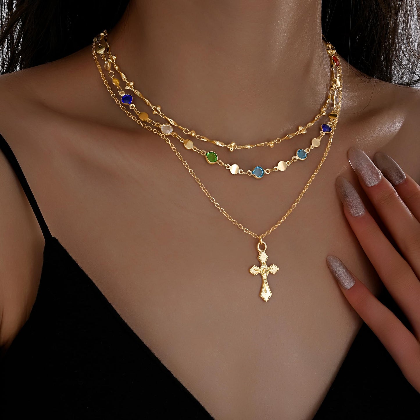 3PCS Layered Gold Cross Necklaces for Women Trendy, Bohemian Bead Pearl Y Long Pendant Necklace Set, Vintage Rosary Necklace Stack Adjustable Length