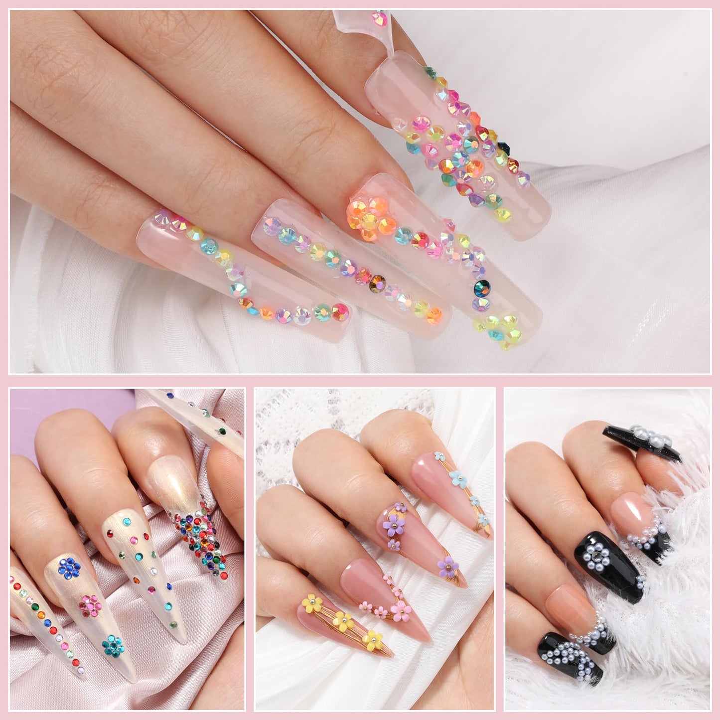 12 Boxes Nail Art Kit with Nail Charms, Gems, Rhinestones & Studs - Flatback Rhinestones, 3D Gold/Silver Charms, White Half Pearls, Pink Flower Charms, Star/Butterfly Sequins + 4 Tools for DIY Crafts