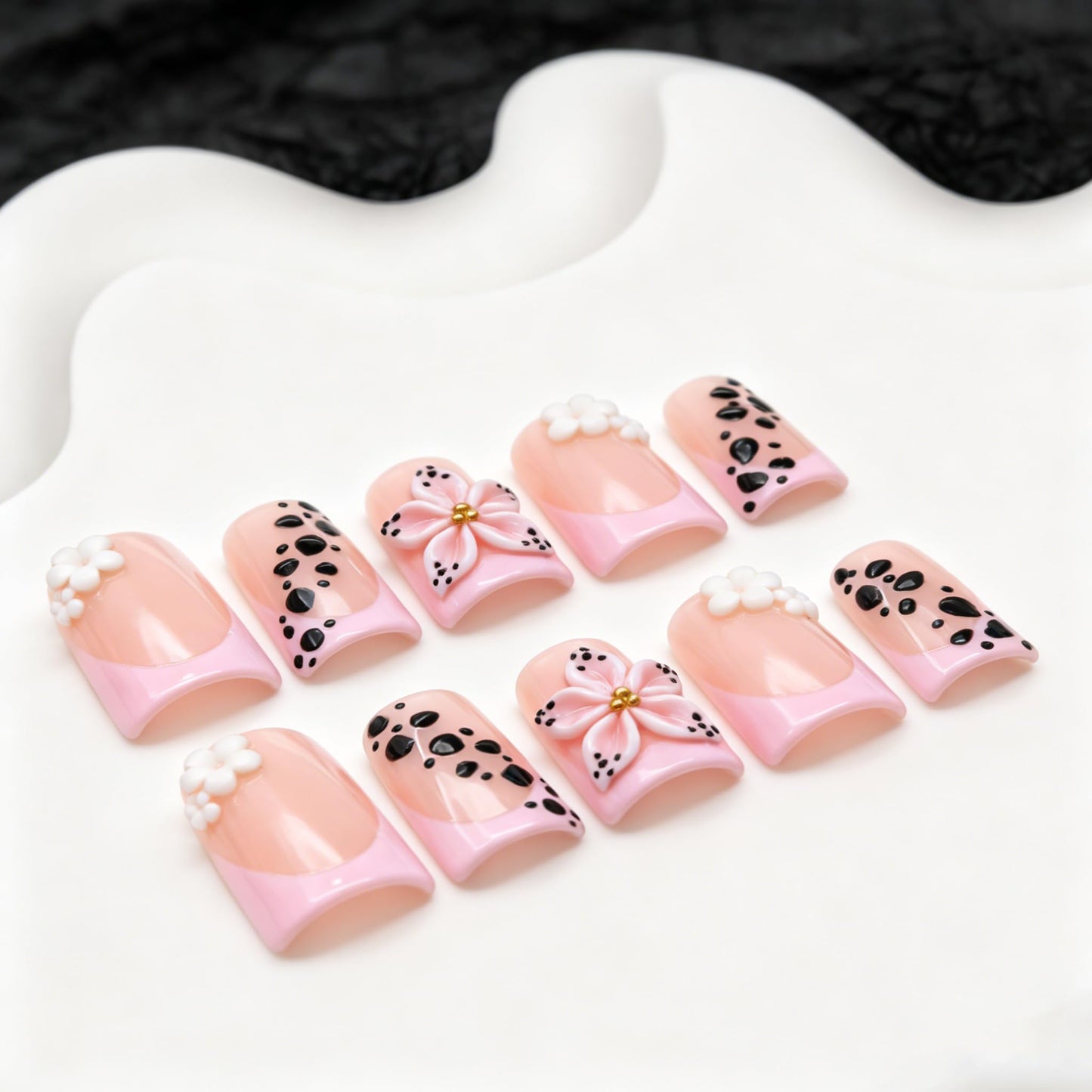 Duck Press on Nails Handmade Short Pink French Tip Fake Nails with 3D Flower Designs Black Leopard Print False Nails Glossy Thick Acrylic Stick on Nail Art Elegant Style for Women Daily Wear (M)
