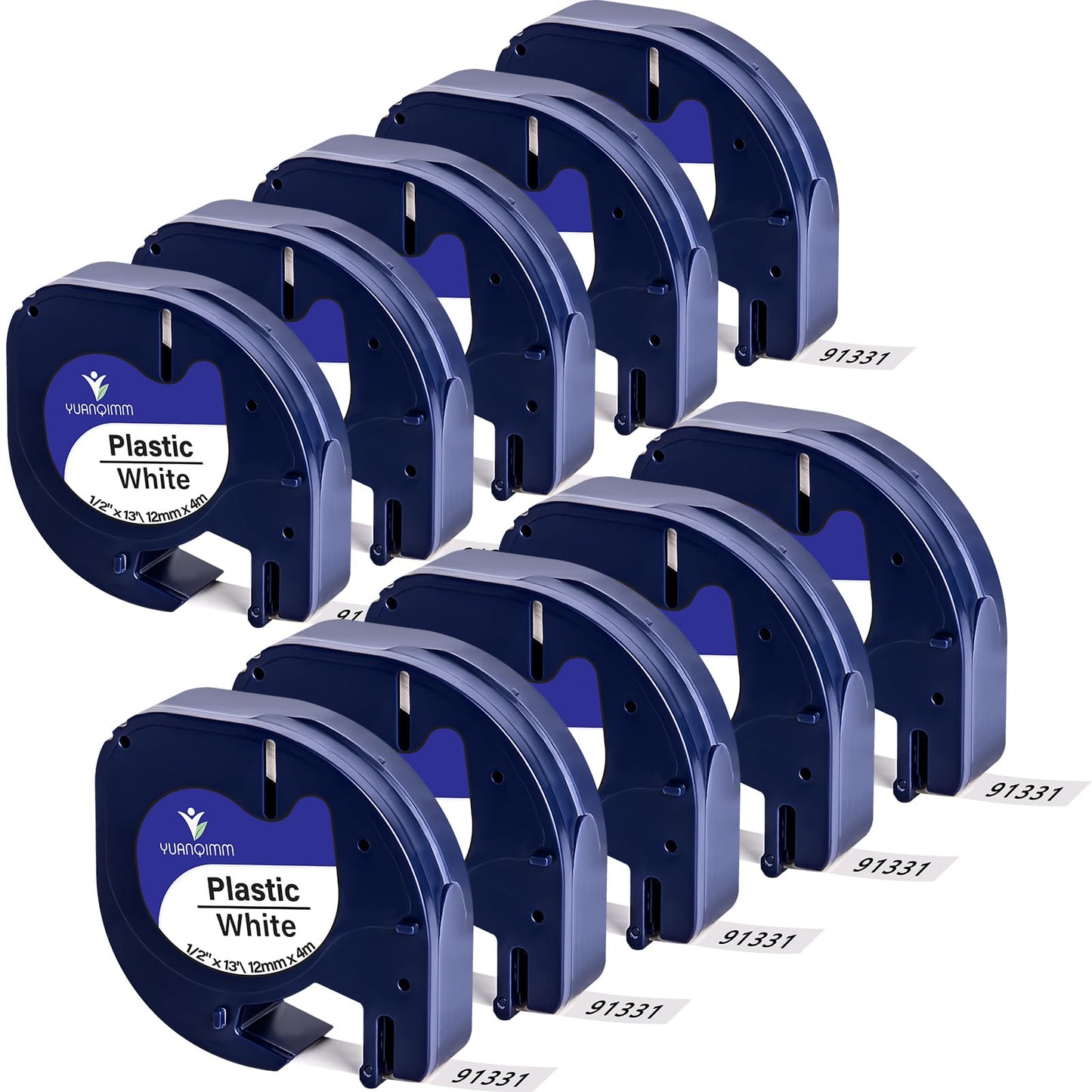 YUANQIMM 10-Pack 91331 Label Tape Compatible for DYMO Letra Tag White Plastic Refills 91331 S0721660 Black on White Tape for Letra Tag Label Maker LT100H LT100T QX50 Printer, 12mm x 4m, 1/2" x 13'