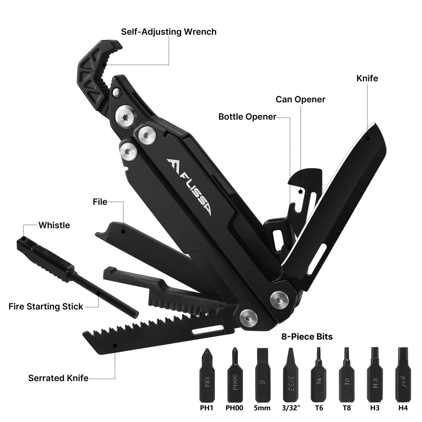 FLISSA Multitool Wrench, Gift for Men, 16-IN-1 EDC Multi-tool with Self-Adjusting Wrench, Stainless Steel Pocket Multi Tool with Knife, Screwdriver Bits, Saw, File, Ideal for Camping, Outdoor
