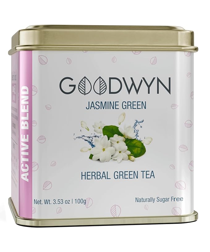 Goodwyn Jasmine Green Tea Loose Leaf –50 Cups (100g / 3.5 oz) | Herbal Jasmine Flower Infused Green Tea | Delicate Floral Aroma, Low Caffeine, Sugar-Free | Premium Reusable Tin Perfect for Gifting, Indian Origin Chai