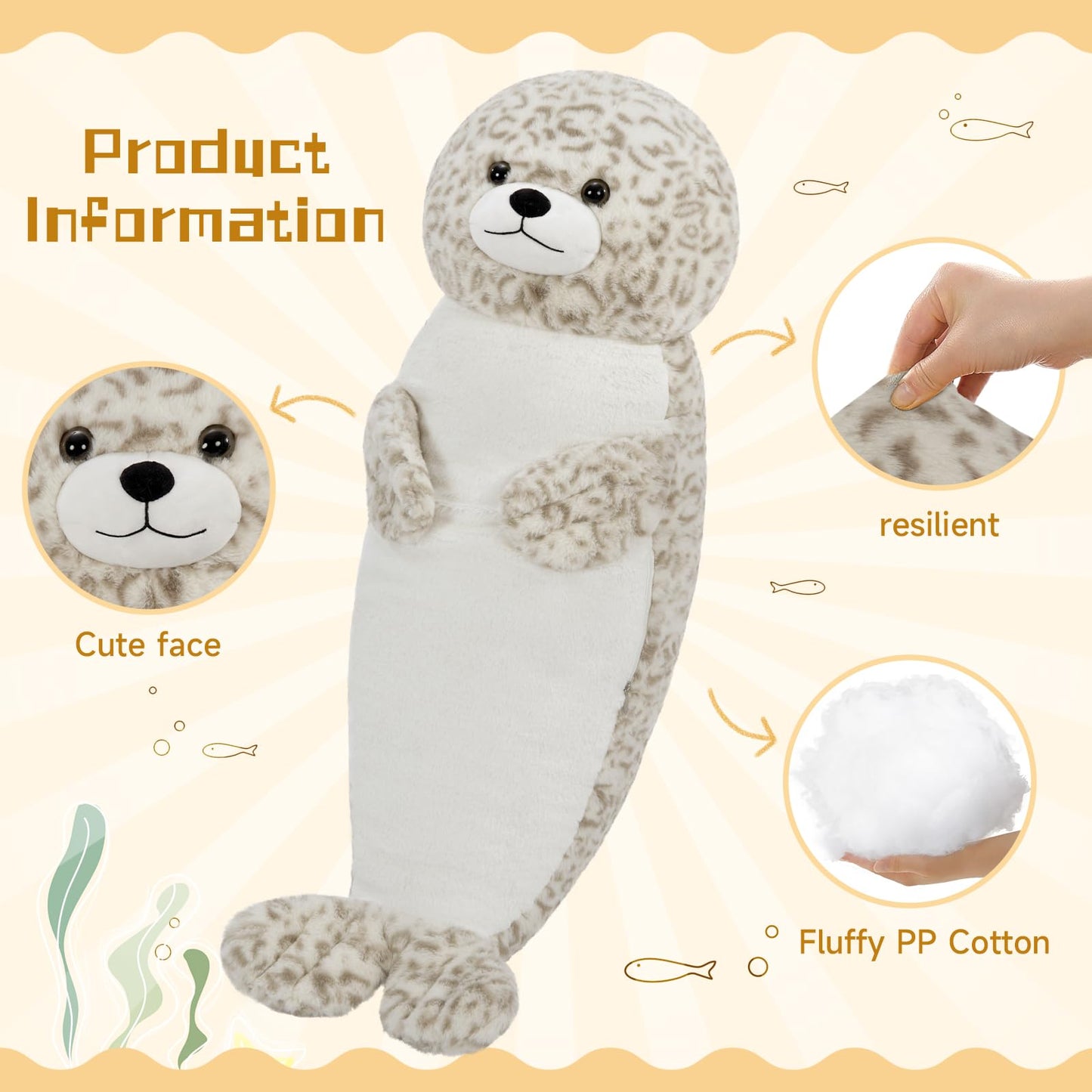 Tezituor 39 inch Giant Seal Stuffed Animal, Long Seal Plush Body Pillow, Hugging Soft Stuffed Ocean Seal Plush for Sleeping Kids Girlfriend