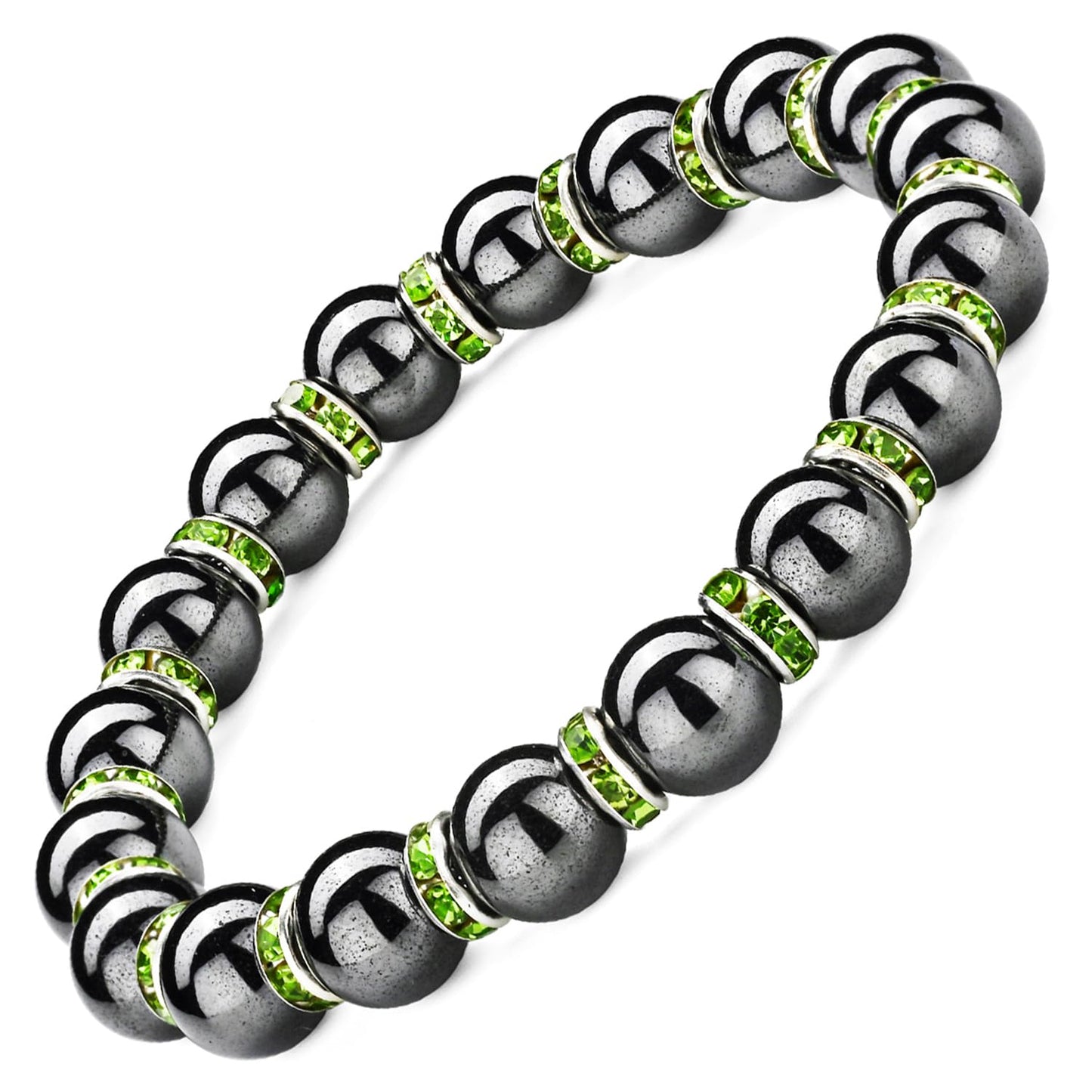 Apocalyptic-K Women's Magnetic Bracelet，Hematite Bracelets，Magnetic Bracelets With Zirconia,Handmade Stretch Bracelet，Eliminates static electricity. (Green Zirconia,10MM)