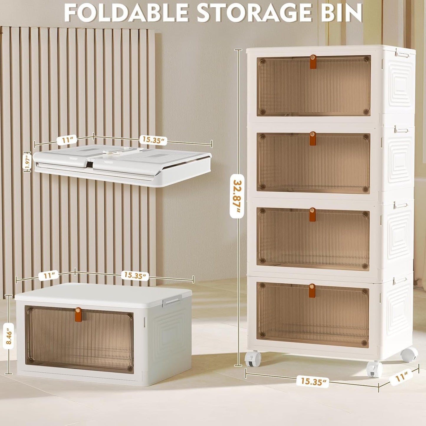 YFXCVSL 4 Tier Plastic Storage Bins with Lid 23QT, Stackable Storage Containers with Wheels, Folding Storage Boxes, Stackable Storage Bins, Organizers and Storage for Living Room,Office,Dorm