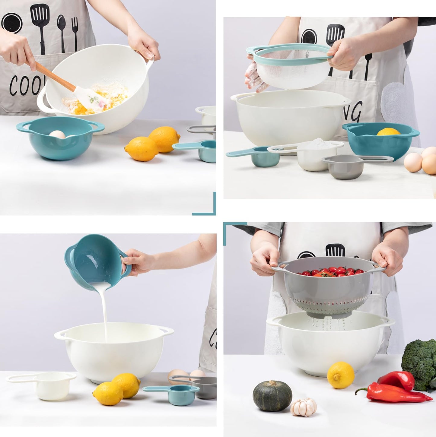 Mixing Bowls for Kitchen, 13 Piece Plastic Nesting Bowls Set Includes 2 Mixing Bowls, 1 Colander, 1 Sifter, 4 Measuring Cups, 5 Kitchen Gadgets for Baking Prepping Cooking and Serving, BPA Free