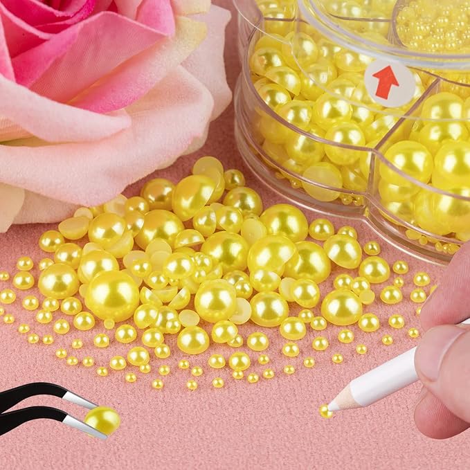 Nail Art Flat Back Half Round Pearl Kits 21, 1 Box of 6000 Pcs Flat-Back Lemon Yellow Pearl with Tweezer and Picker Pencil for Home DIY Nails Body Face Craft and Salon Use