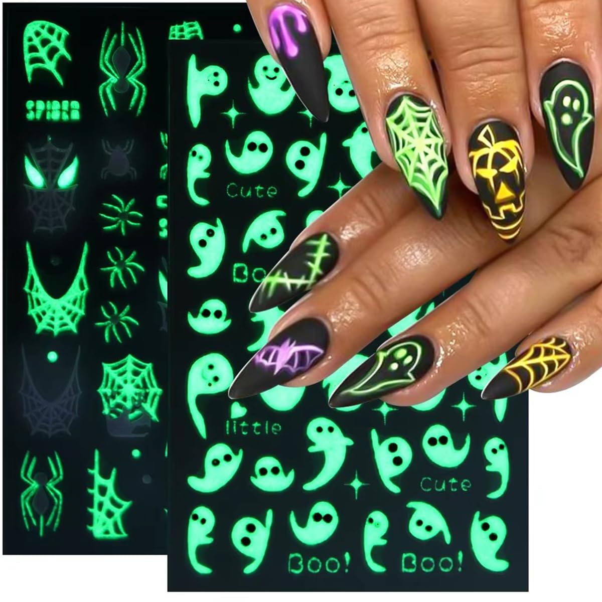 5Sheets Glow in Dark Halloween Nail Art Stickers - Luminous Spooky Nail Decals with Cute Ghost, Bat & Spider Designs for Women & Girls