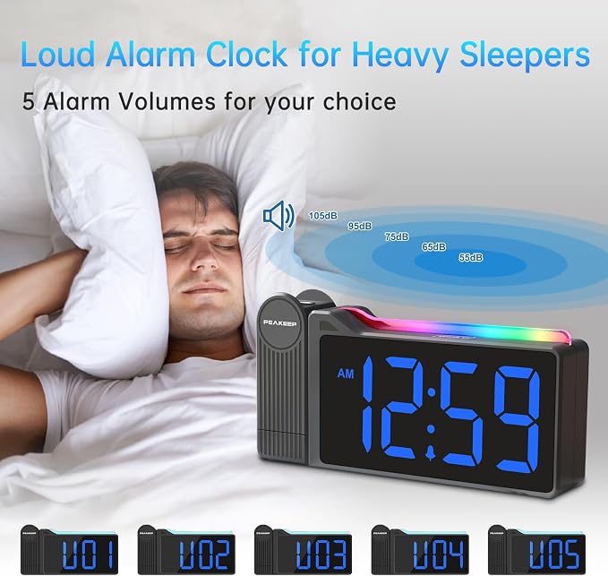 Peakeep Projection Alarm Clock for Bedroom Ceiling with Colorful Nightlight